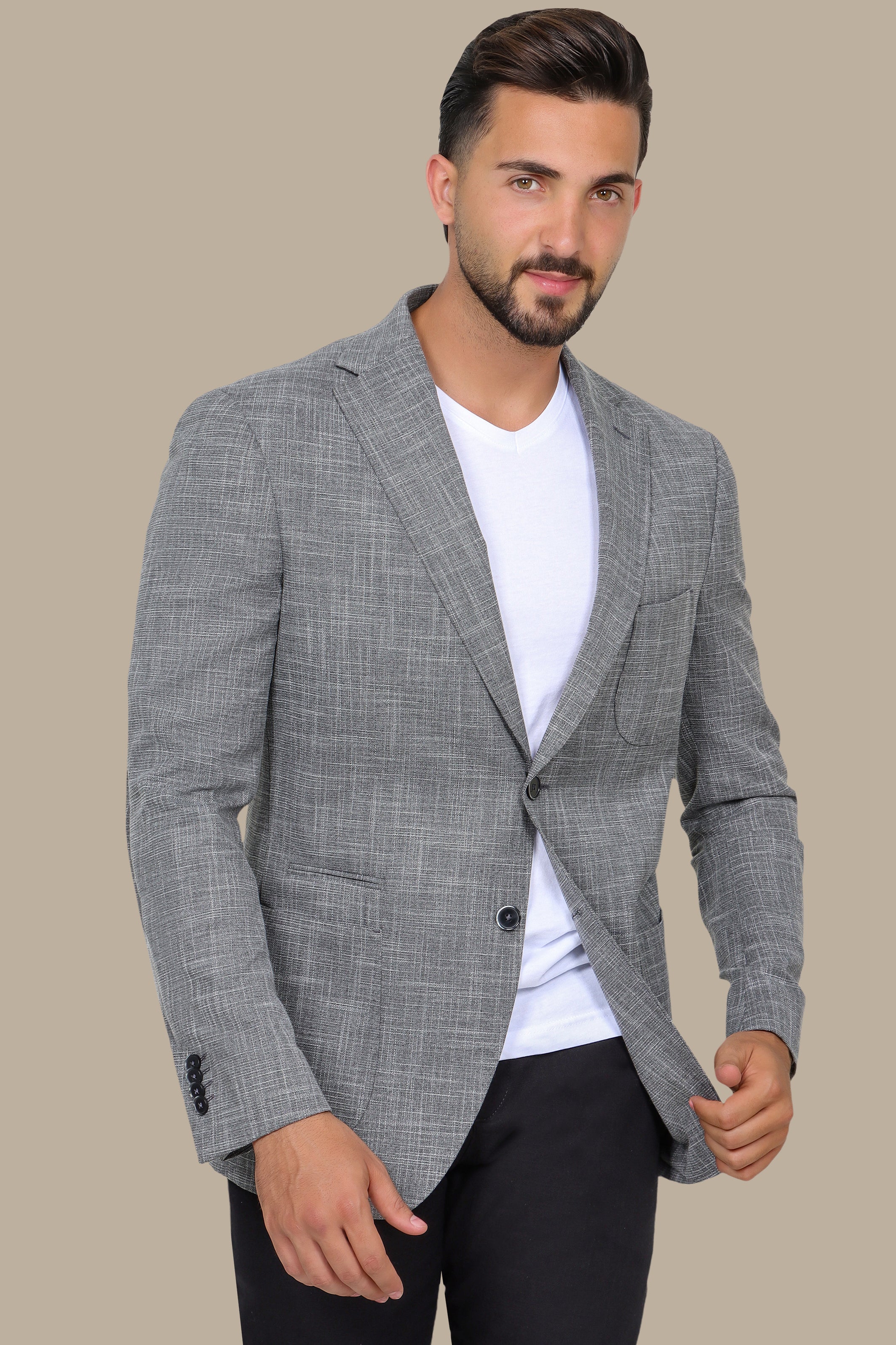 Dark Grey Slim Fit Blazer with Up & Down Notch Patch