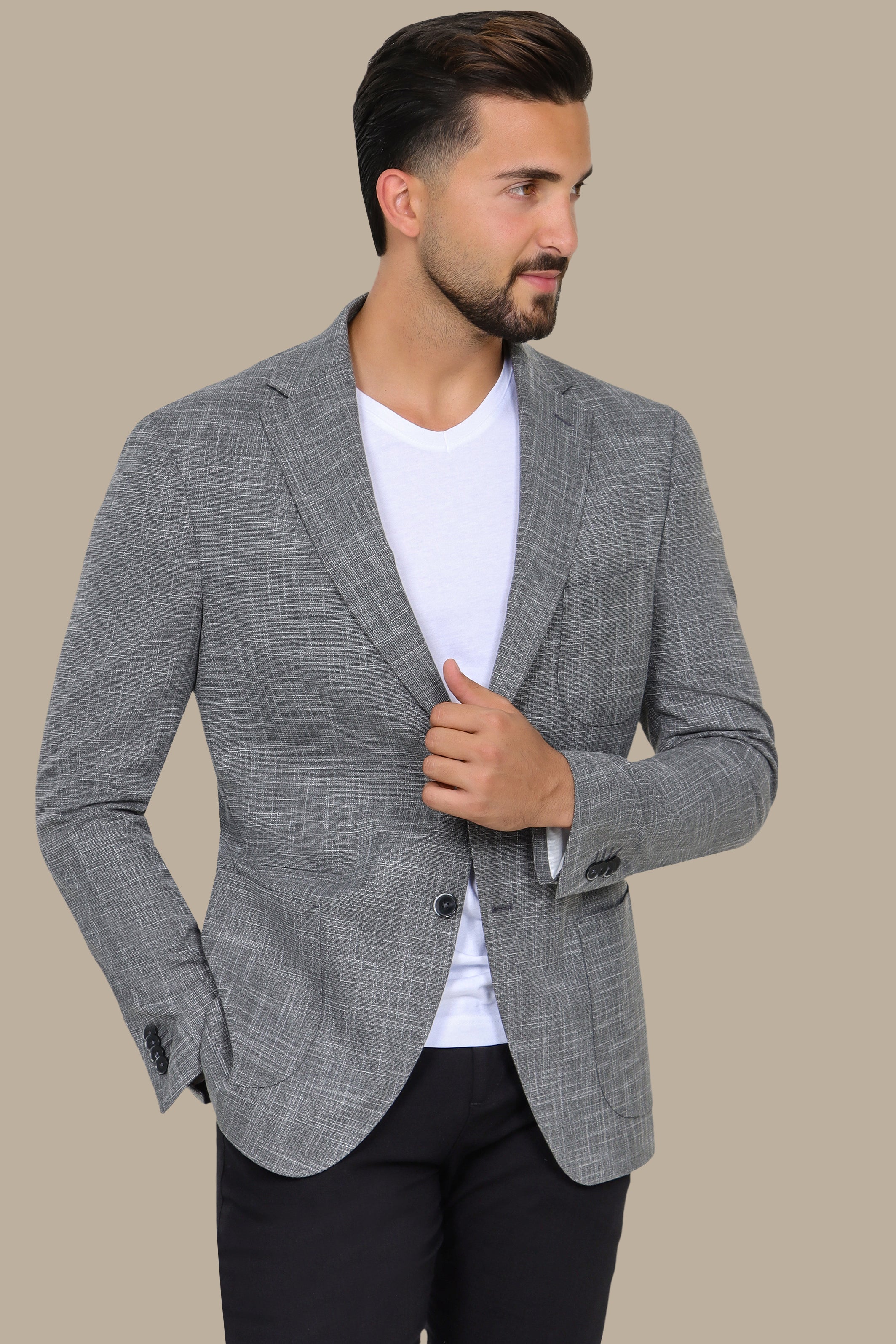 Dark Grey Slim Fit Blazer with Up & Down Notch Patch