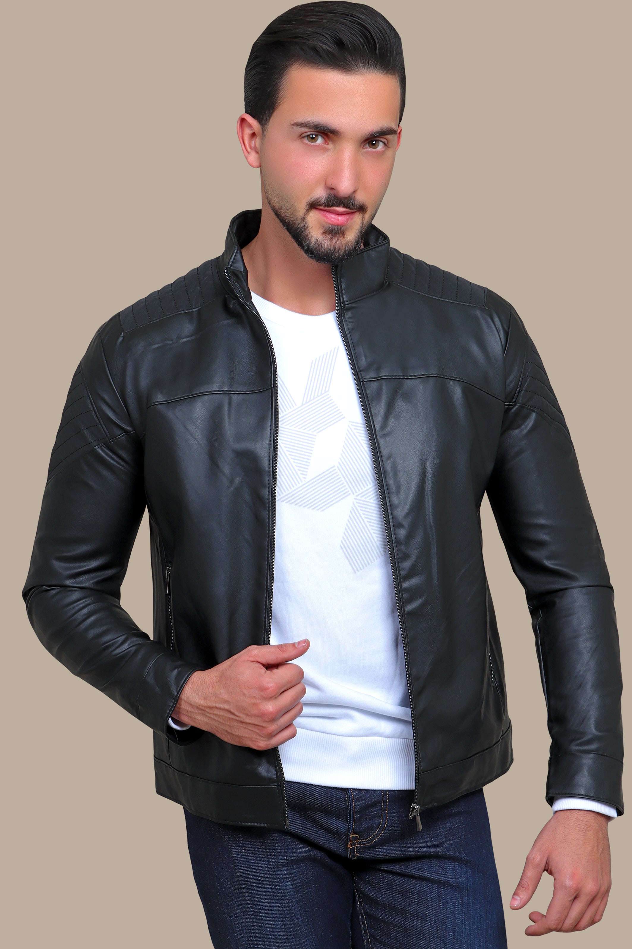 Black Faux Leather Mao Collar Jacket with Mixed Fabric