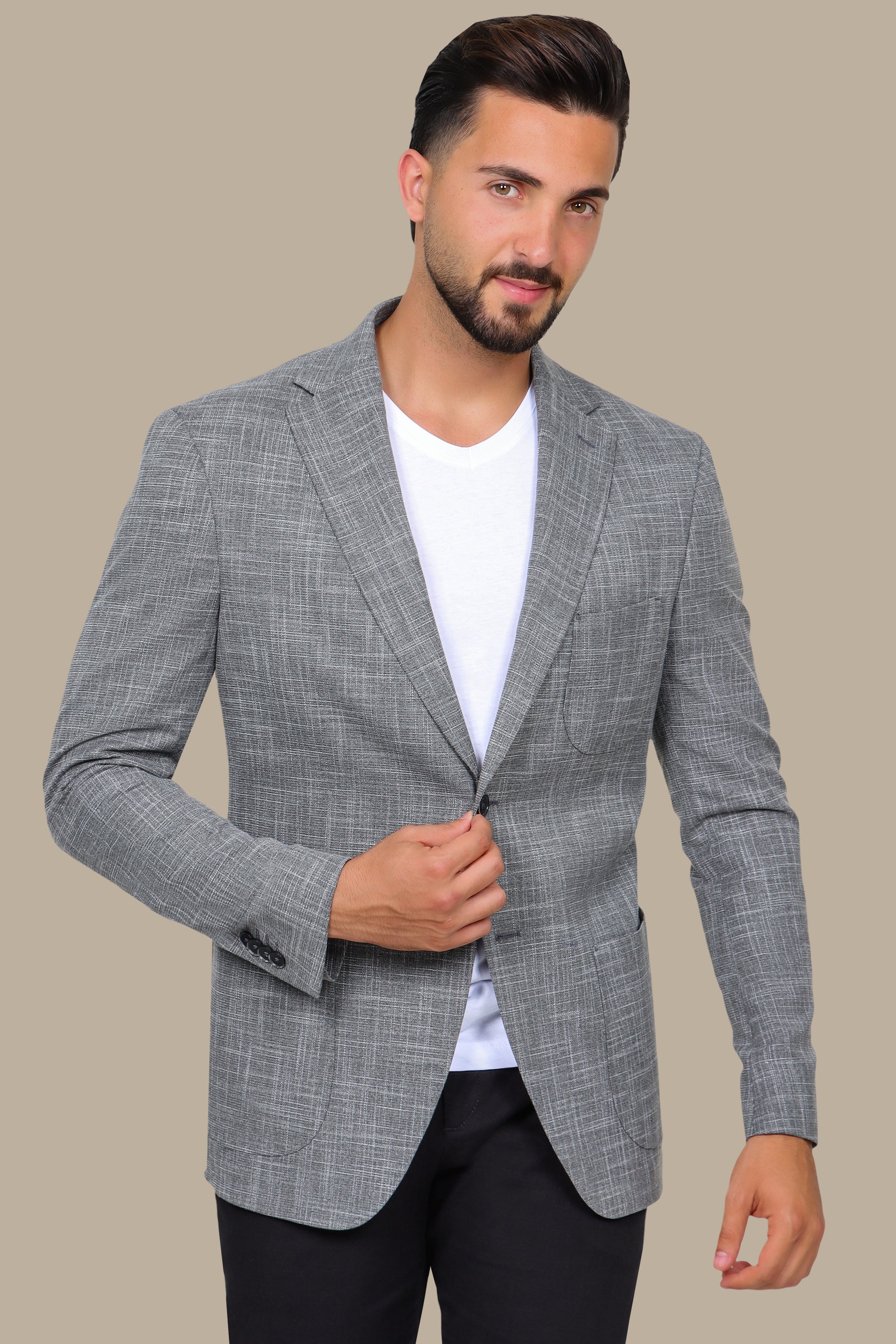 Dark Grey Slim Fit Blazer with Up & Down Notch Patch