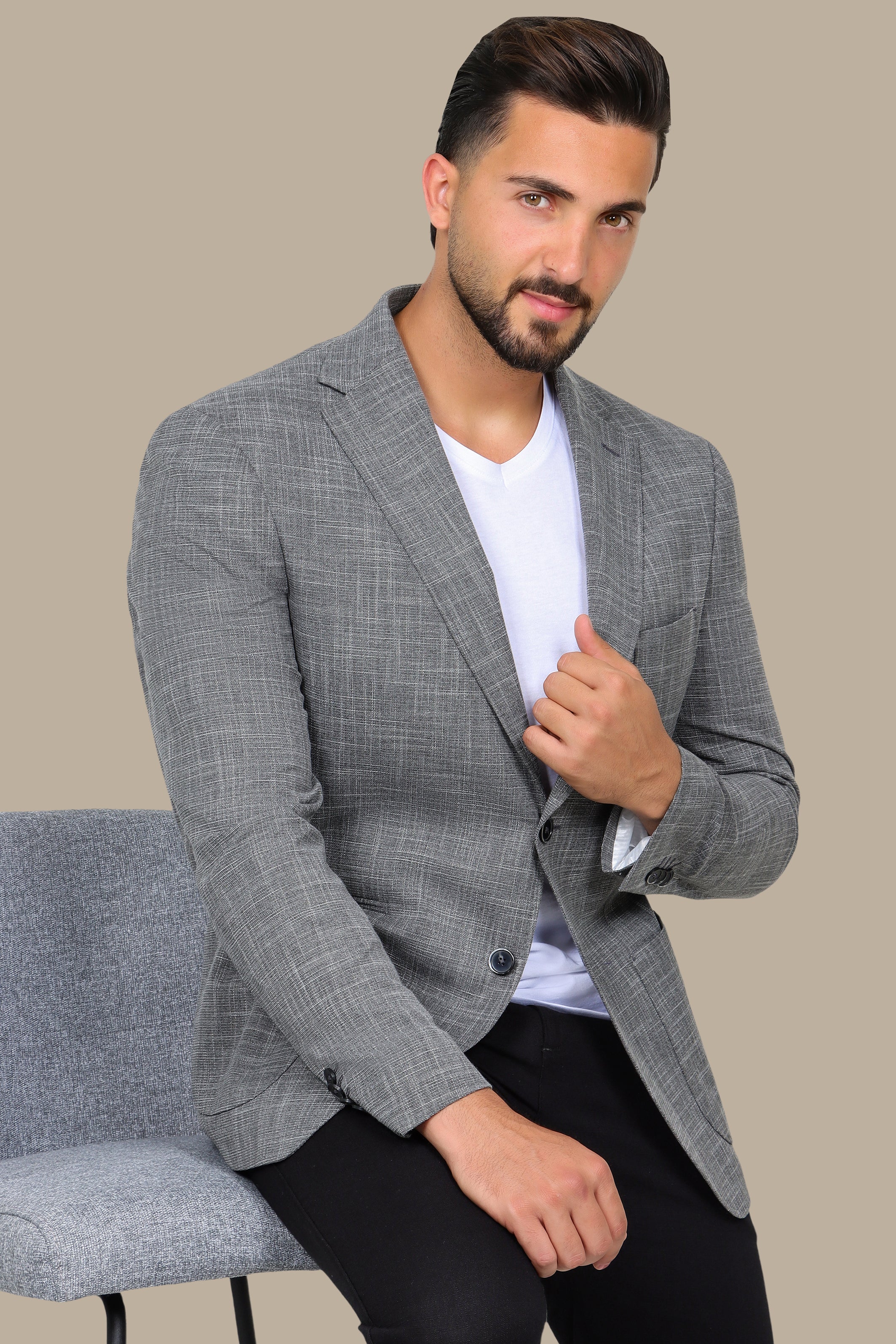 Dark Grey Slim Fit Blazer with Up & Down Notch Patch