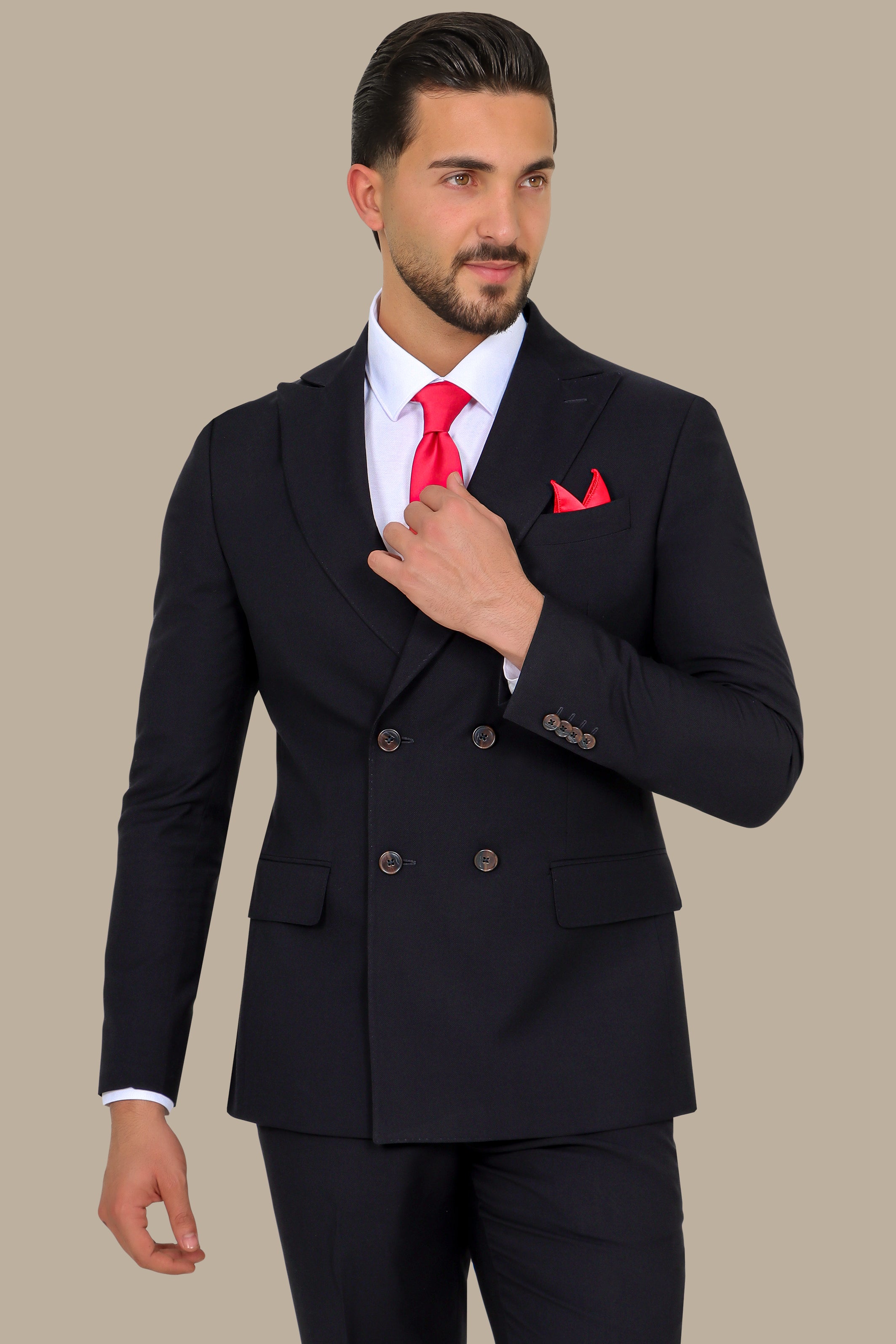 Black Piquet Double-Breasted Suit with Peak Lapel