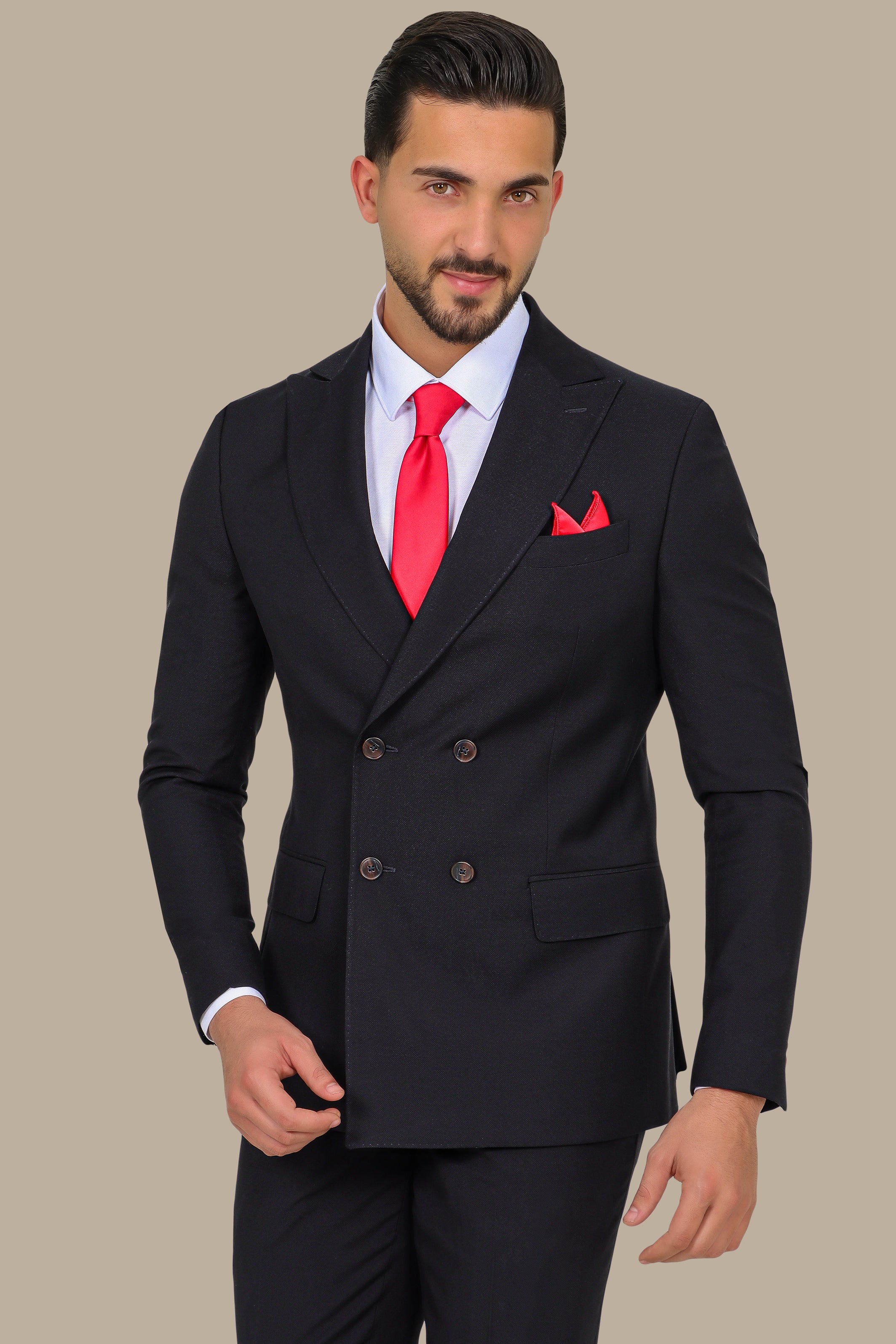 Black Piquet Double-Breasted Suit with Peak Lapel