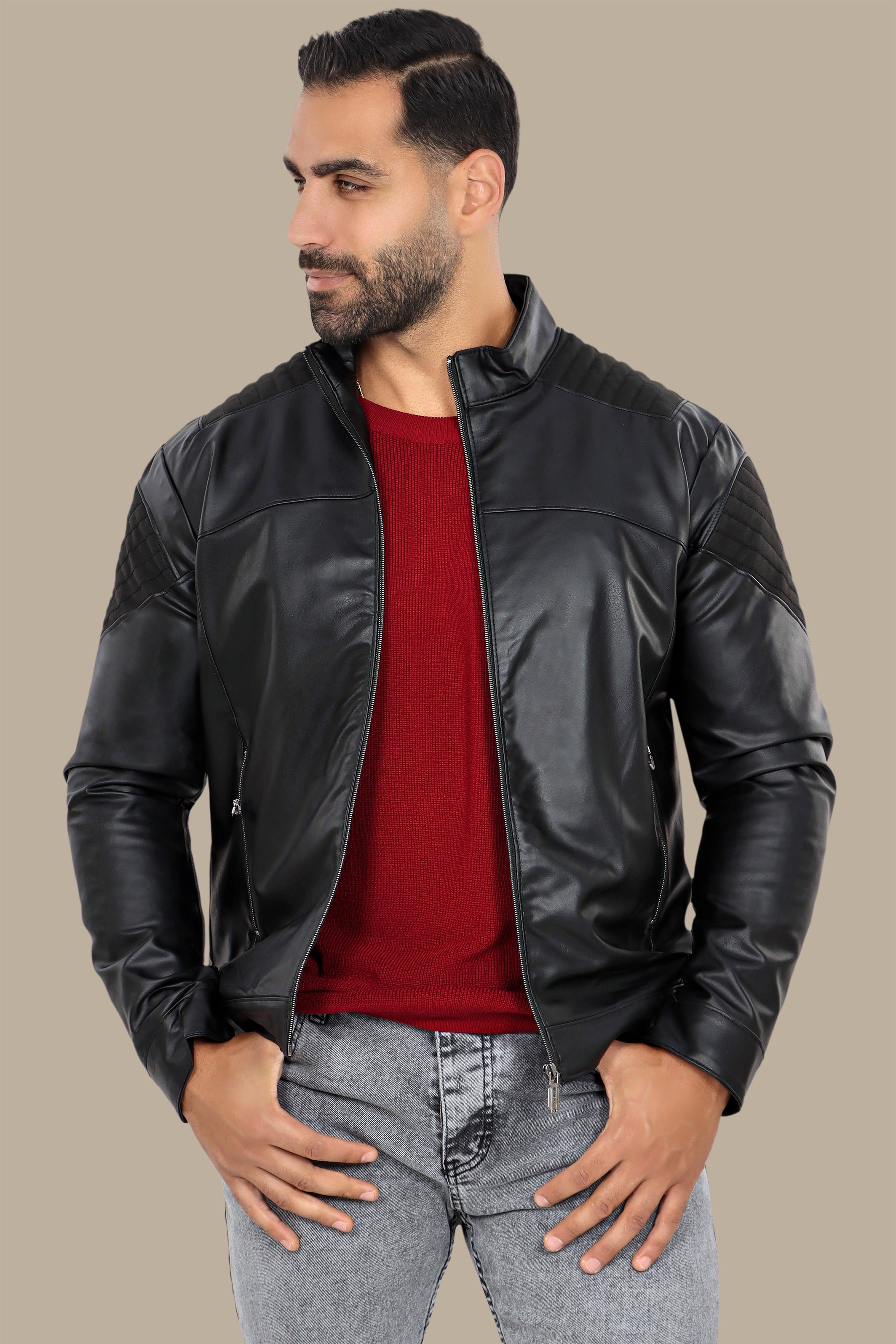 Black Faux Leather Mao Collar Jacket with Mixed Fabric