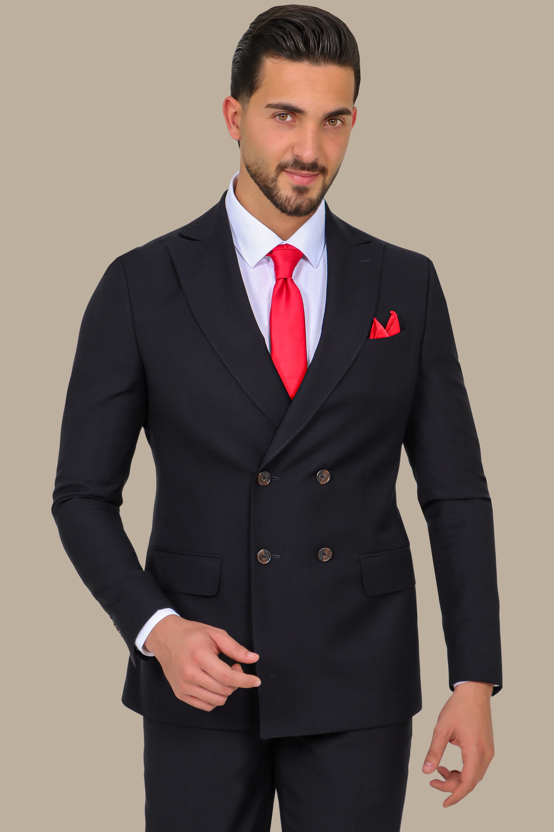 Black Piquet Double-Breasted Suit with Peak Lapel