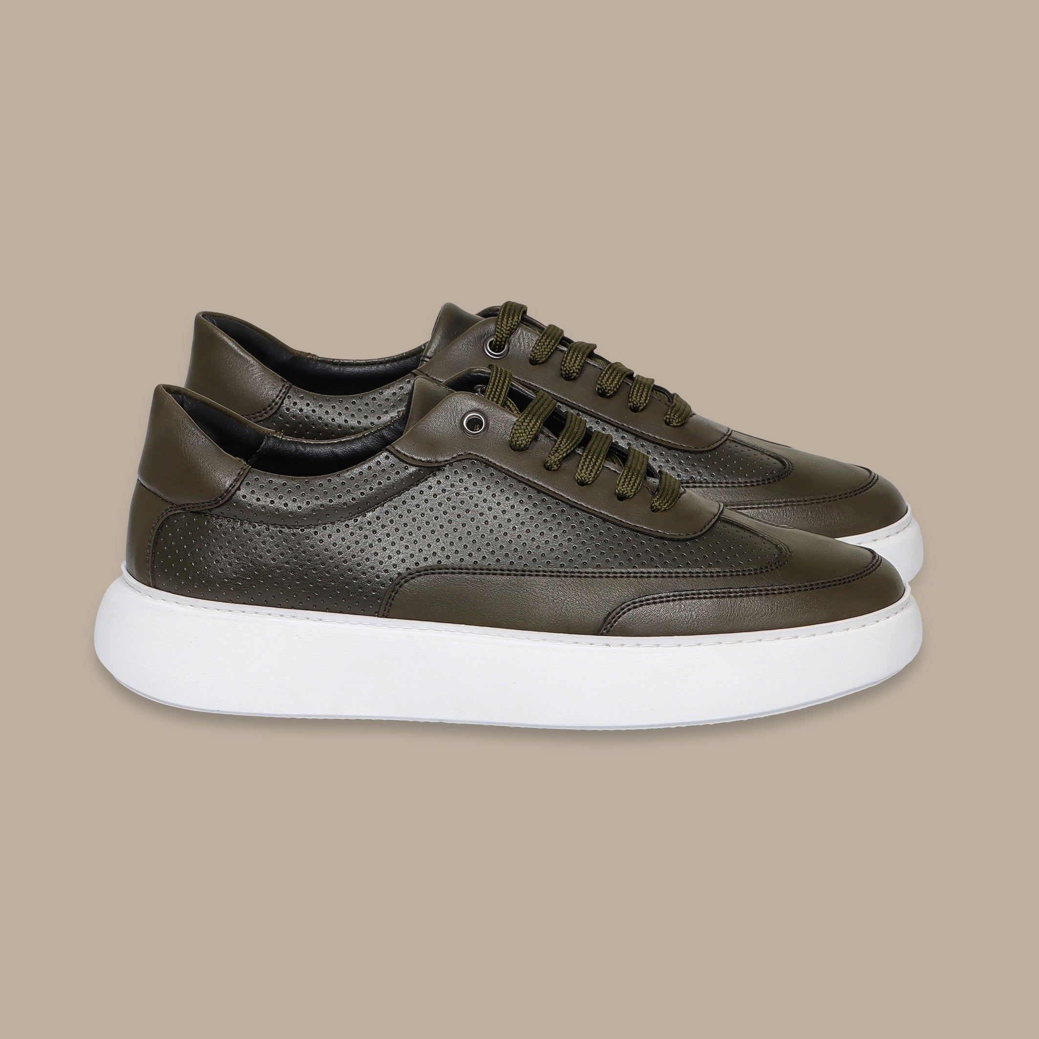 Khaki Dotted Leather Sneakers with White Sole
