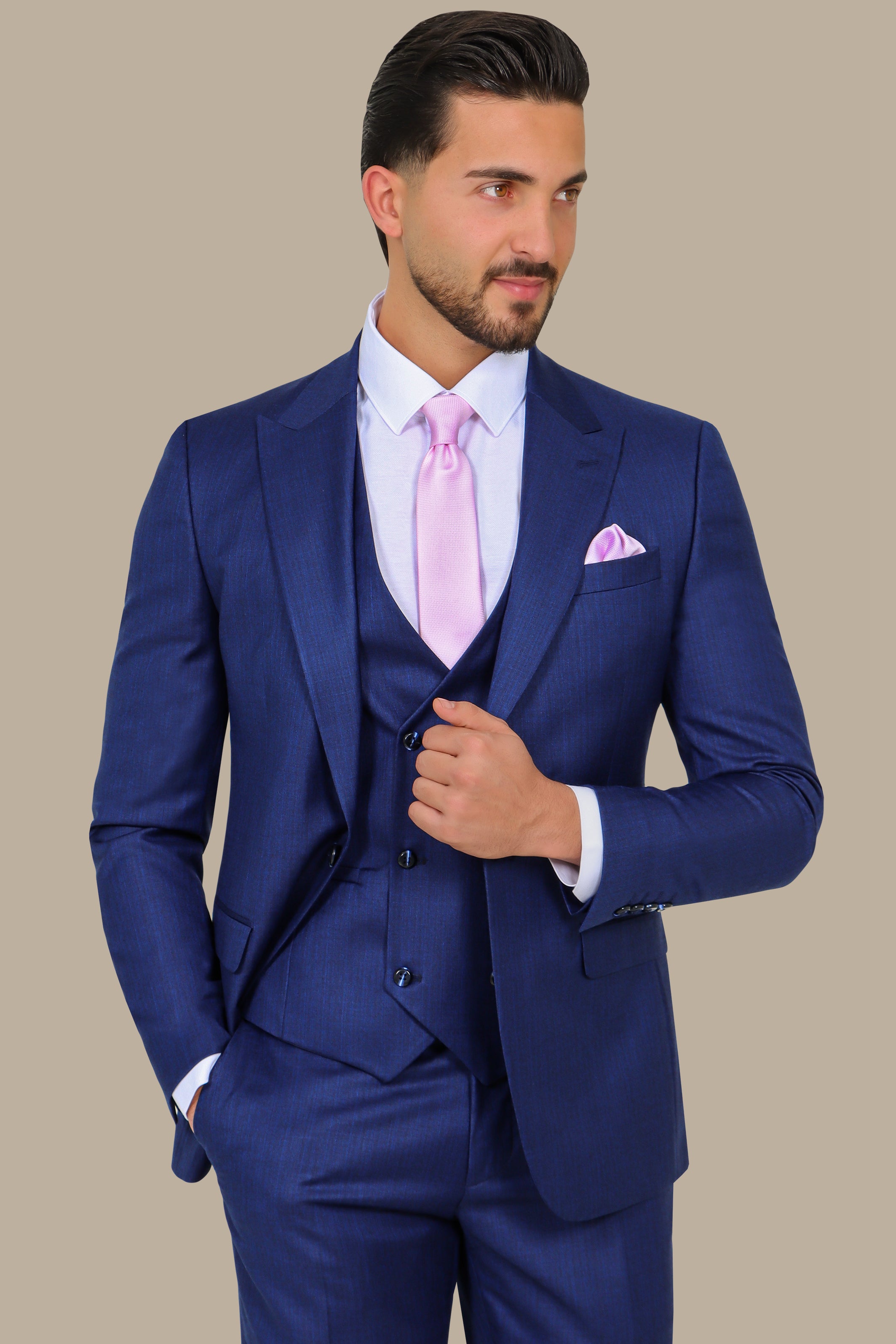Classic Elegance: 3-Piece Blue Fila Fil Suit with Peak Lapel