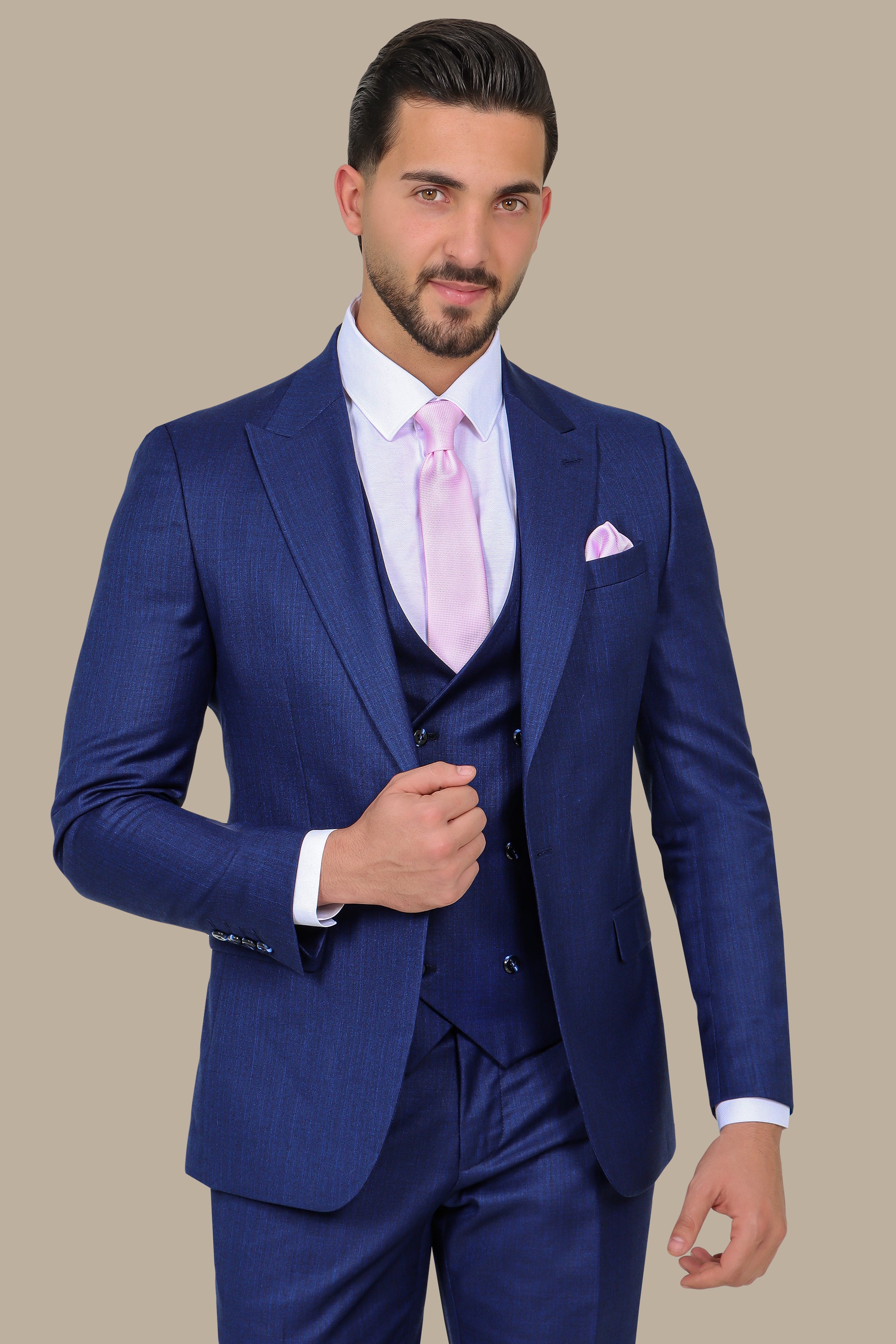Classic Elegance: 3-Piece Blue Fila Fil Suit with Peak Lapel