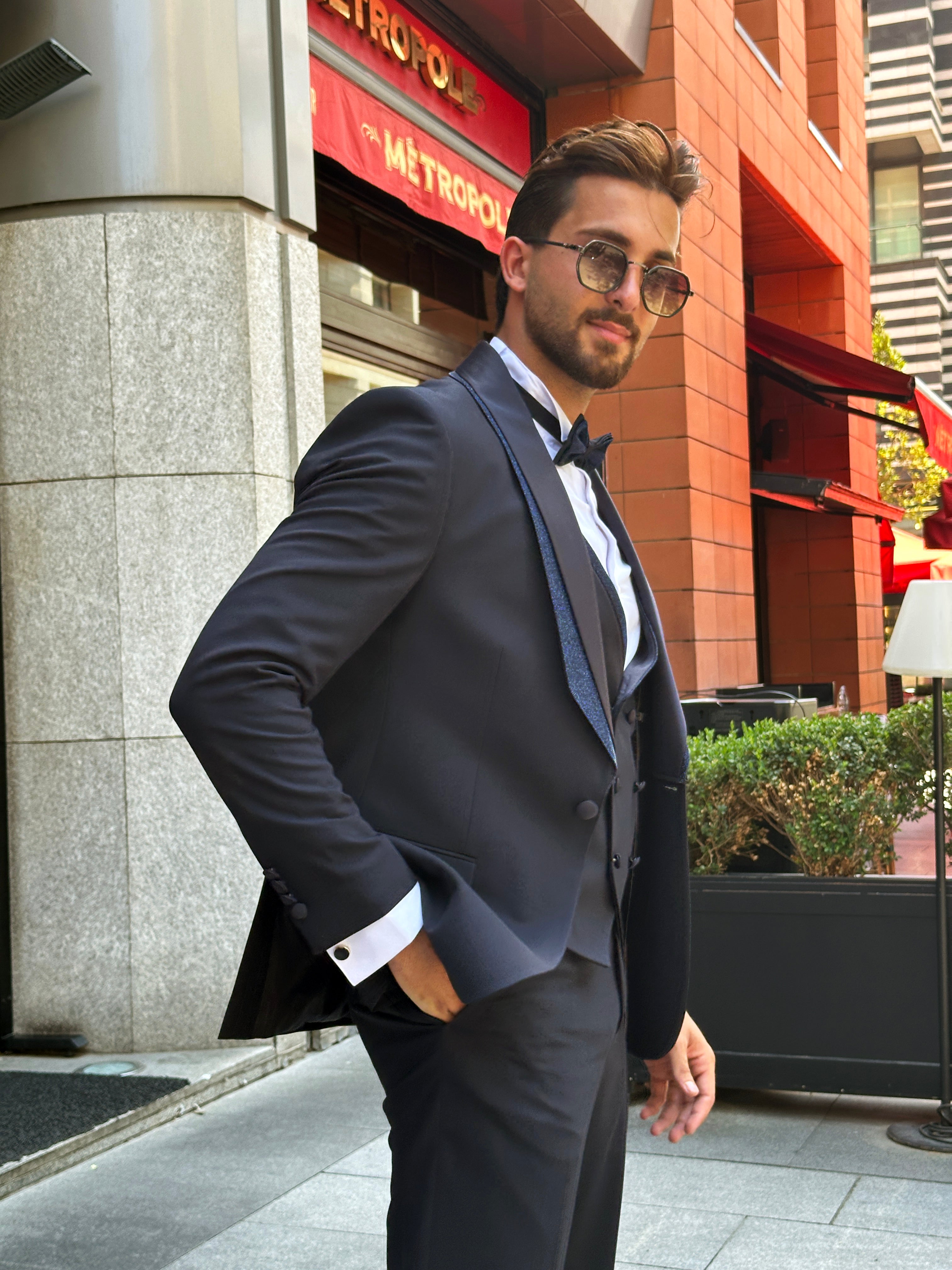Navy Tuxedo with Glittered Shawl Collar – 4-Piece, 2-Layer Set