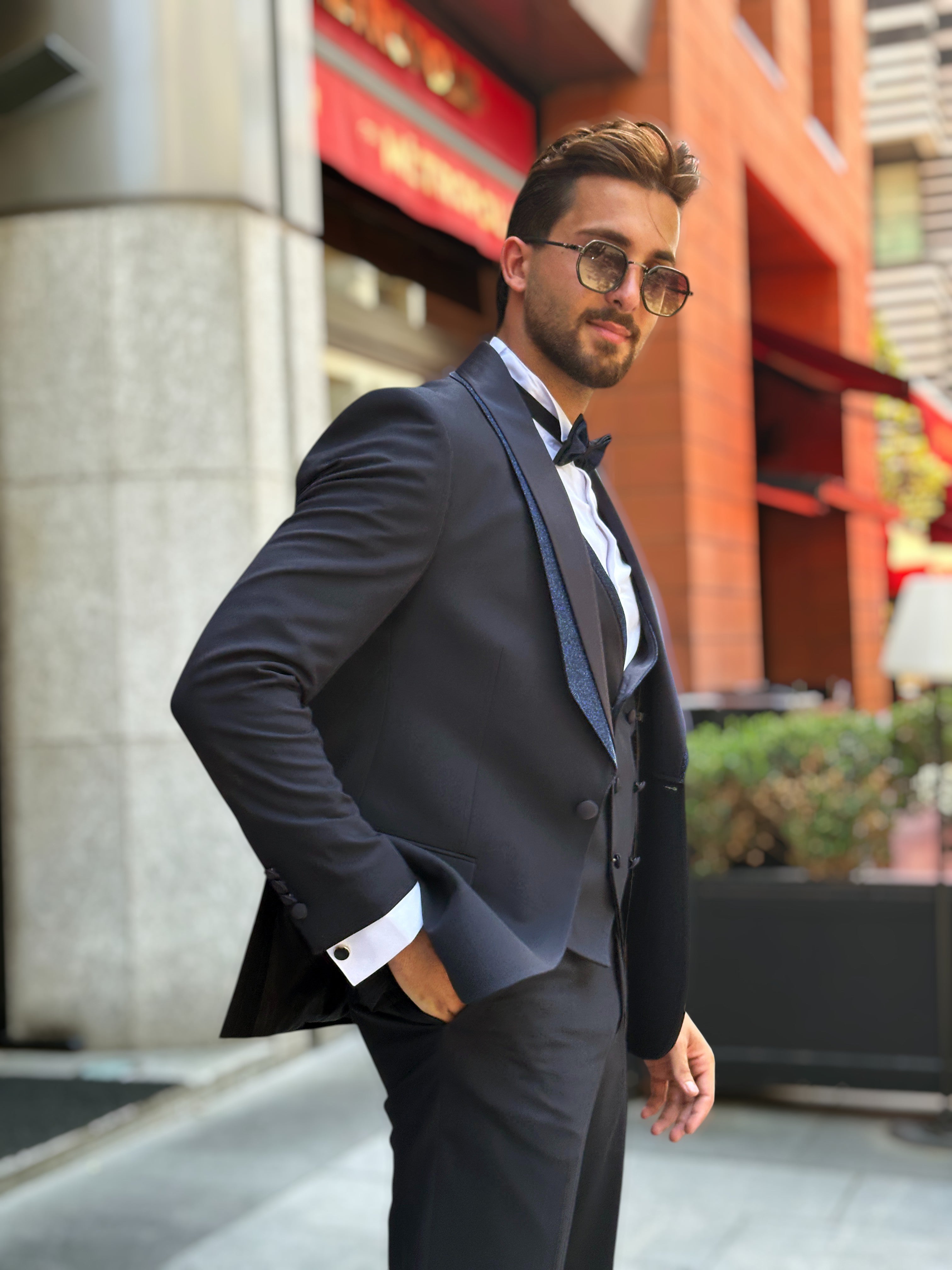 Navy Tuxedo with Glittered Shawl Collar – 4-Piece, 2-Layer Set