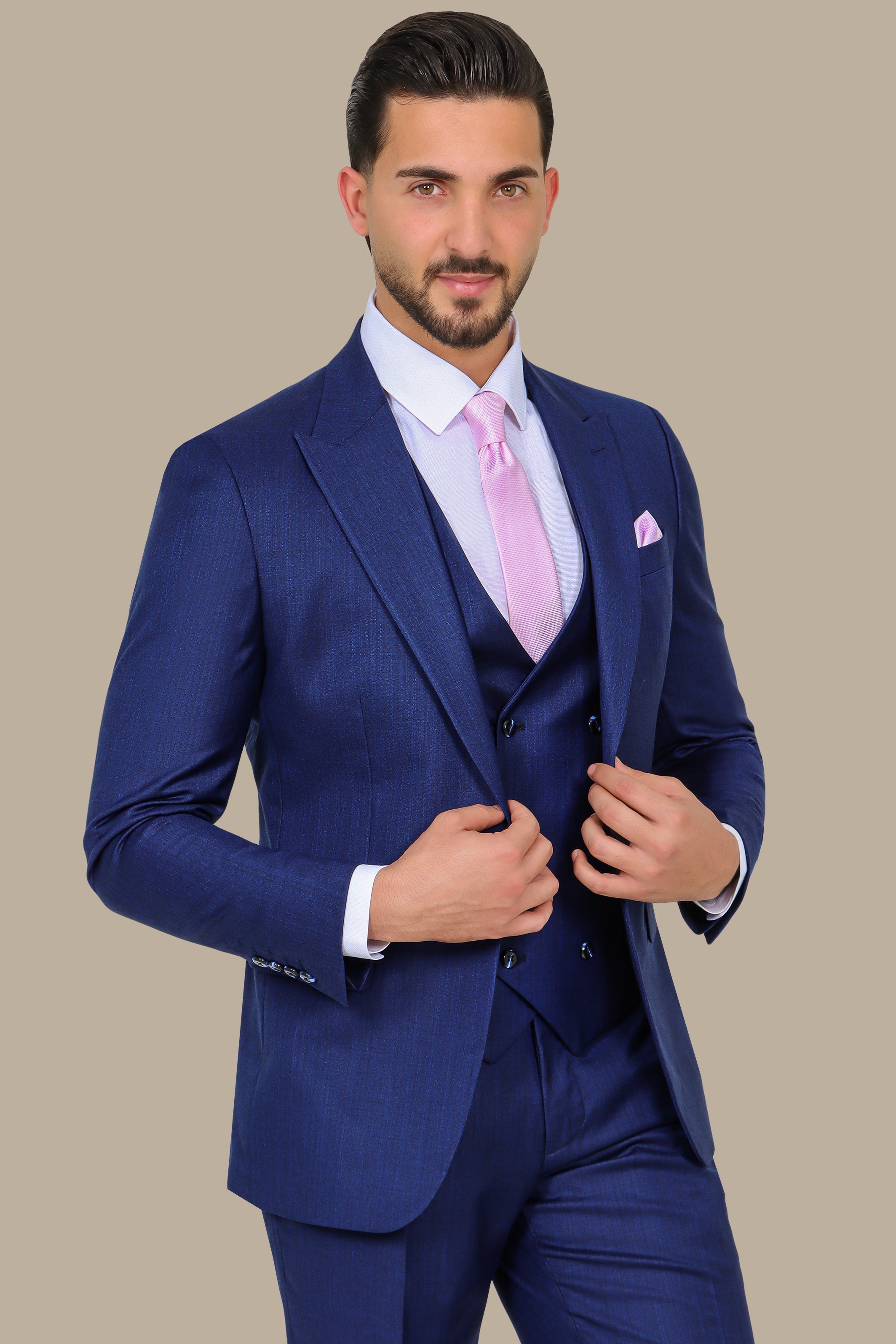 Classic Elegance: 3-Piece Blue Fila Fil Suit with Peak Lapel