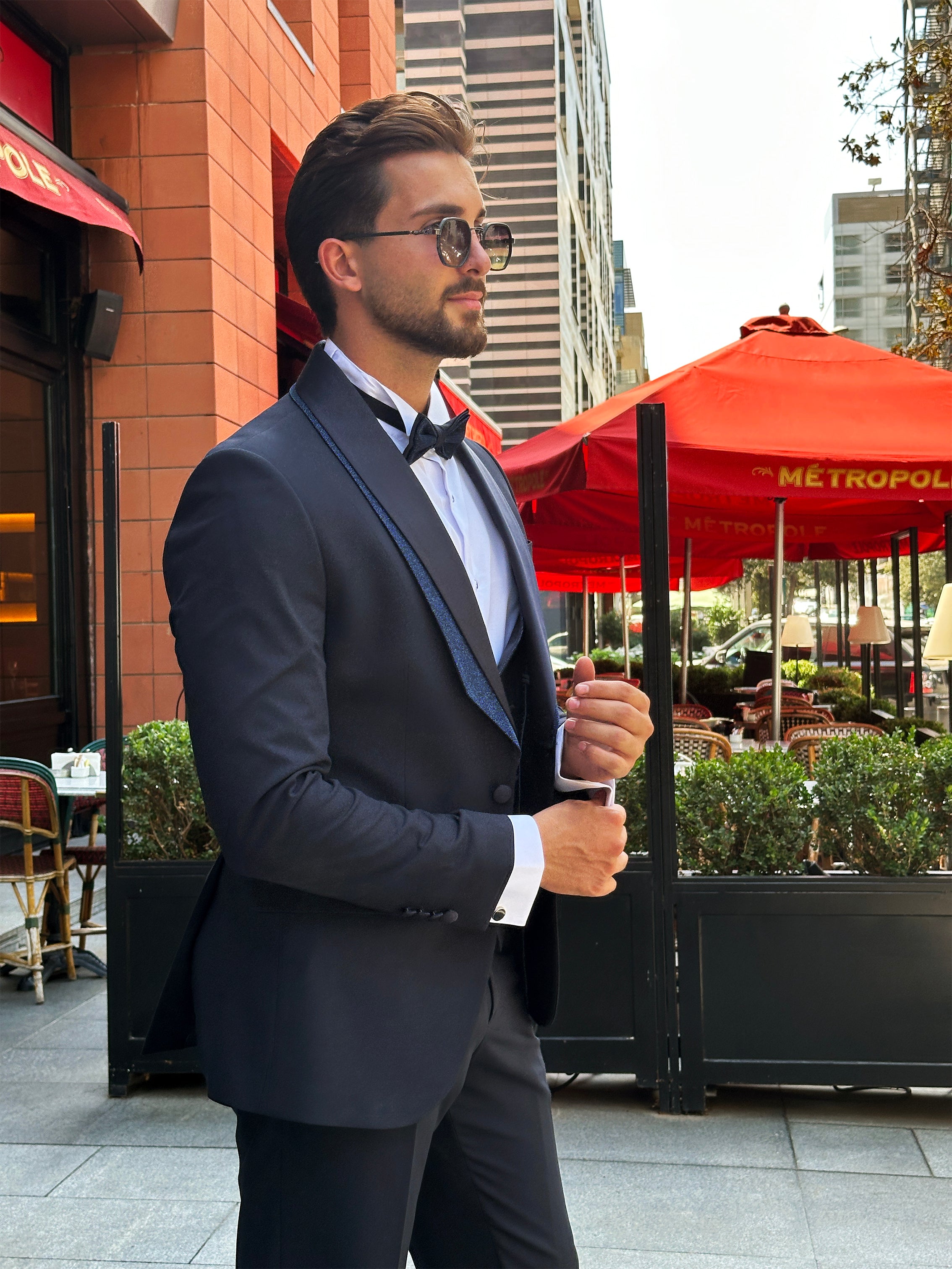 Navy Tuxedo with Glittered Shawl Collar – 4-Piece, 2-Layer Set