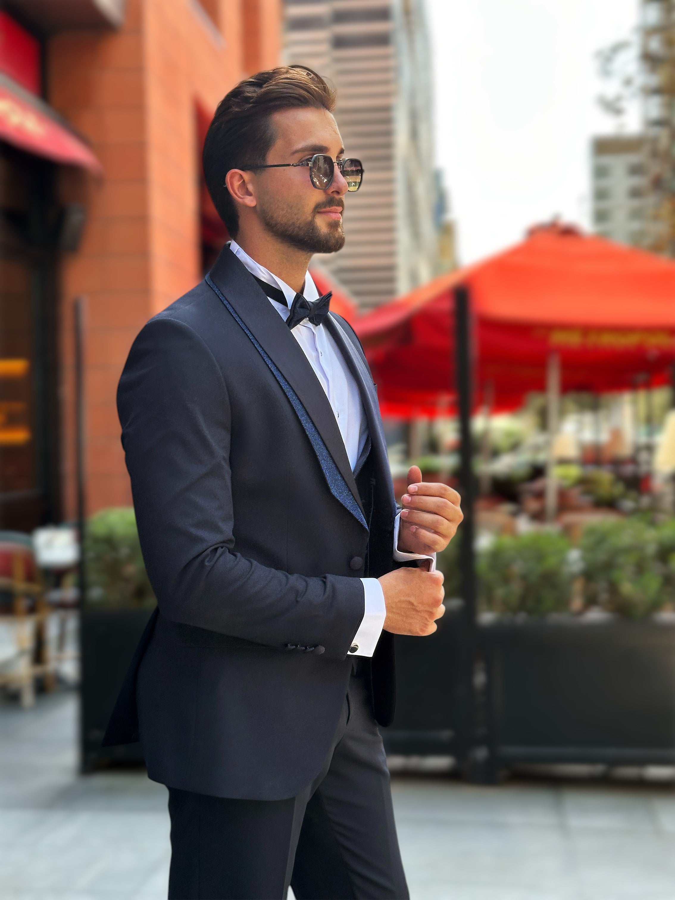 Navy Tuxedo with Glittered Shawl Collar – 4-Piece, 2-Layer Set
