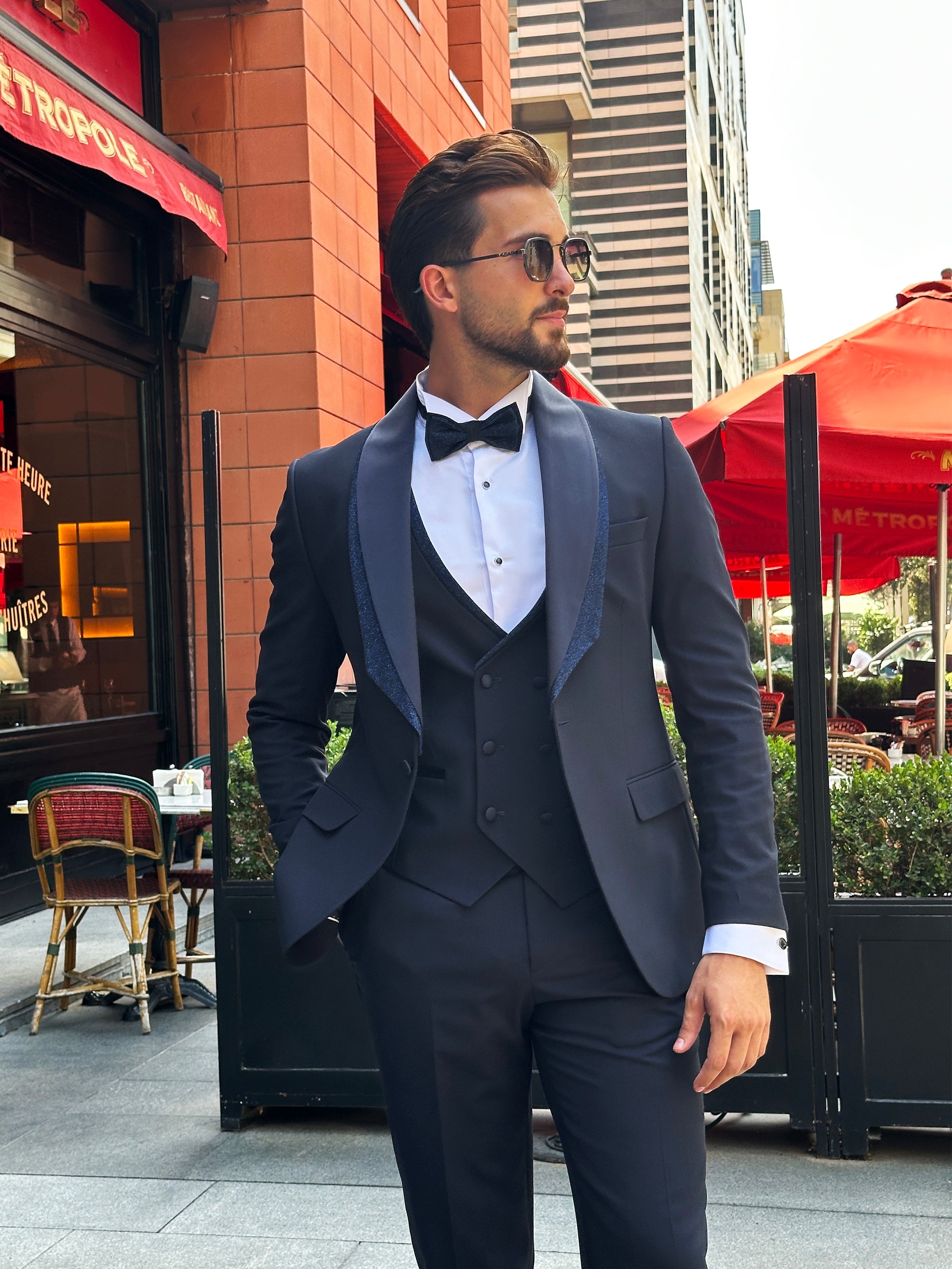 Navy Tuxedo with Glittered Shawl Collar – 4-Piece, 2-Layer Set