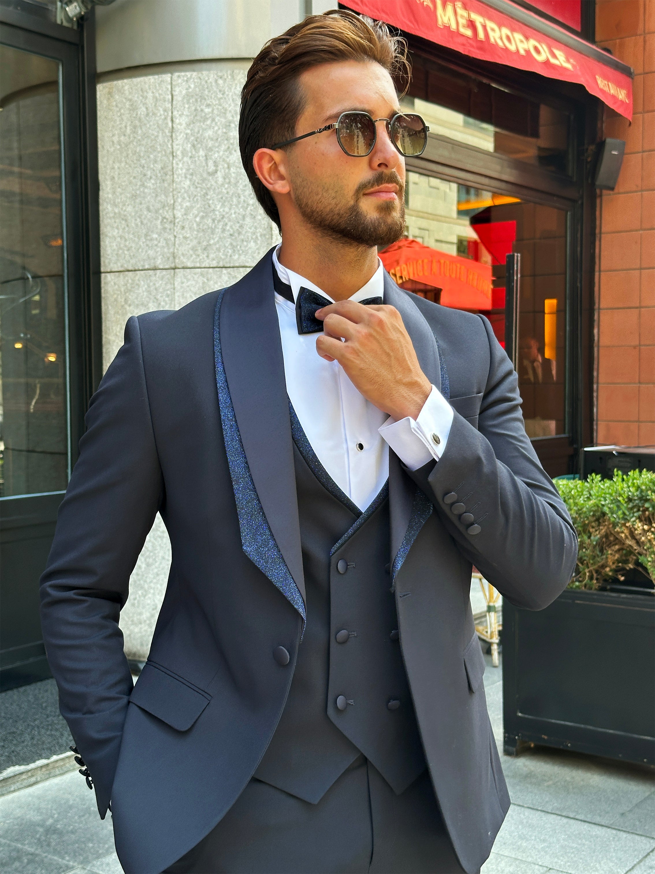 Navy Tuxedo with Glittered Shawl Collar – 4-Piece, 2-Layer Set