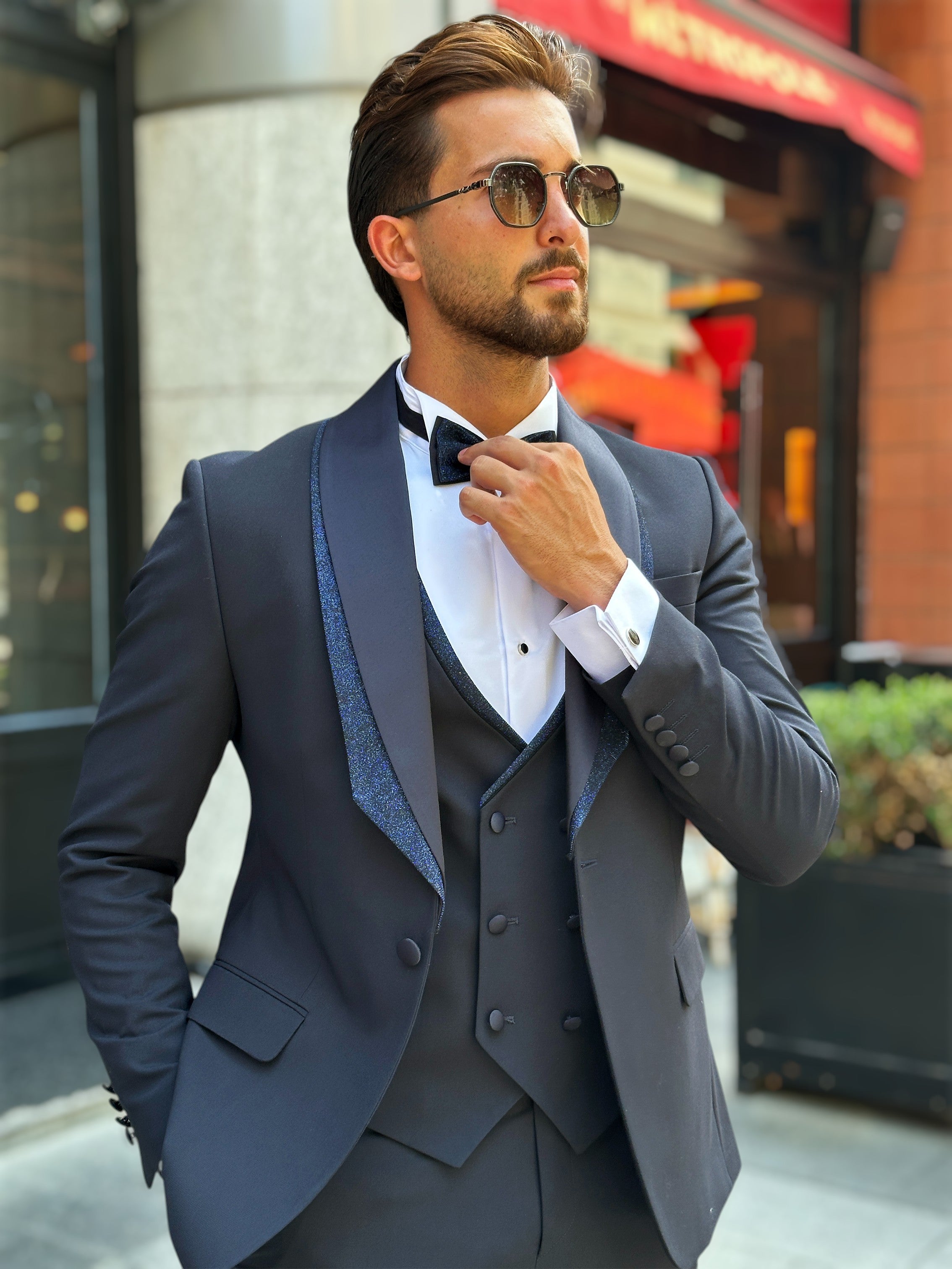 Navy Tuxedo with Glittered Shawl Collar – 4-Piece, 2-Layer Set