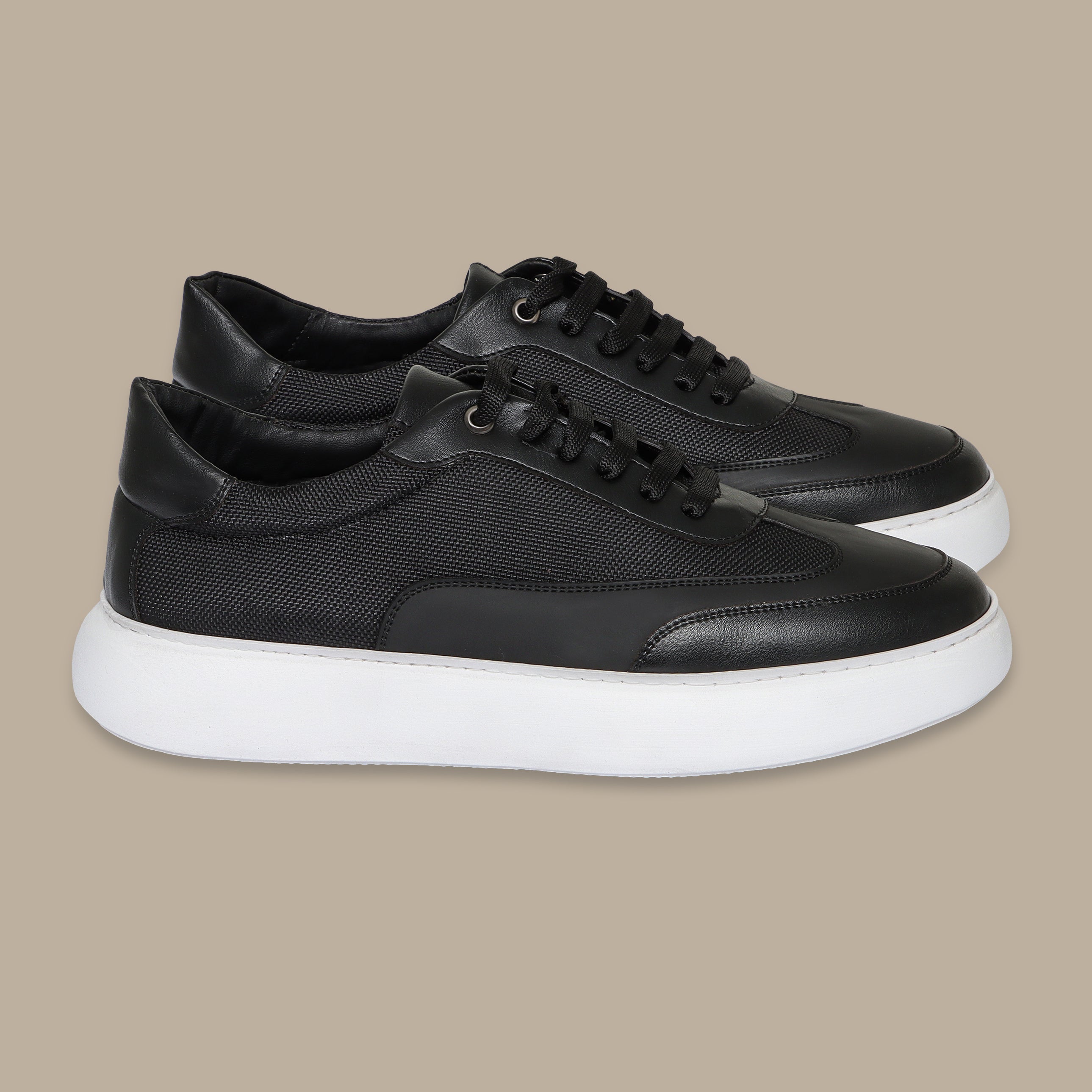 Chunky Black Leather Sneakers with White Sole