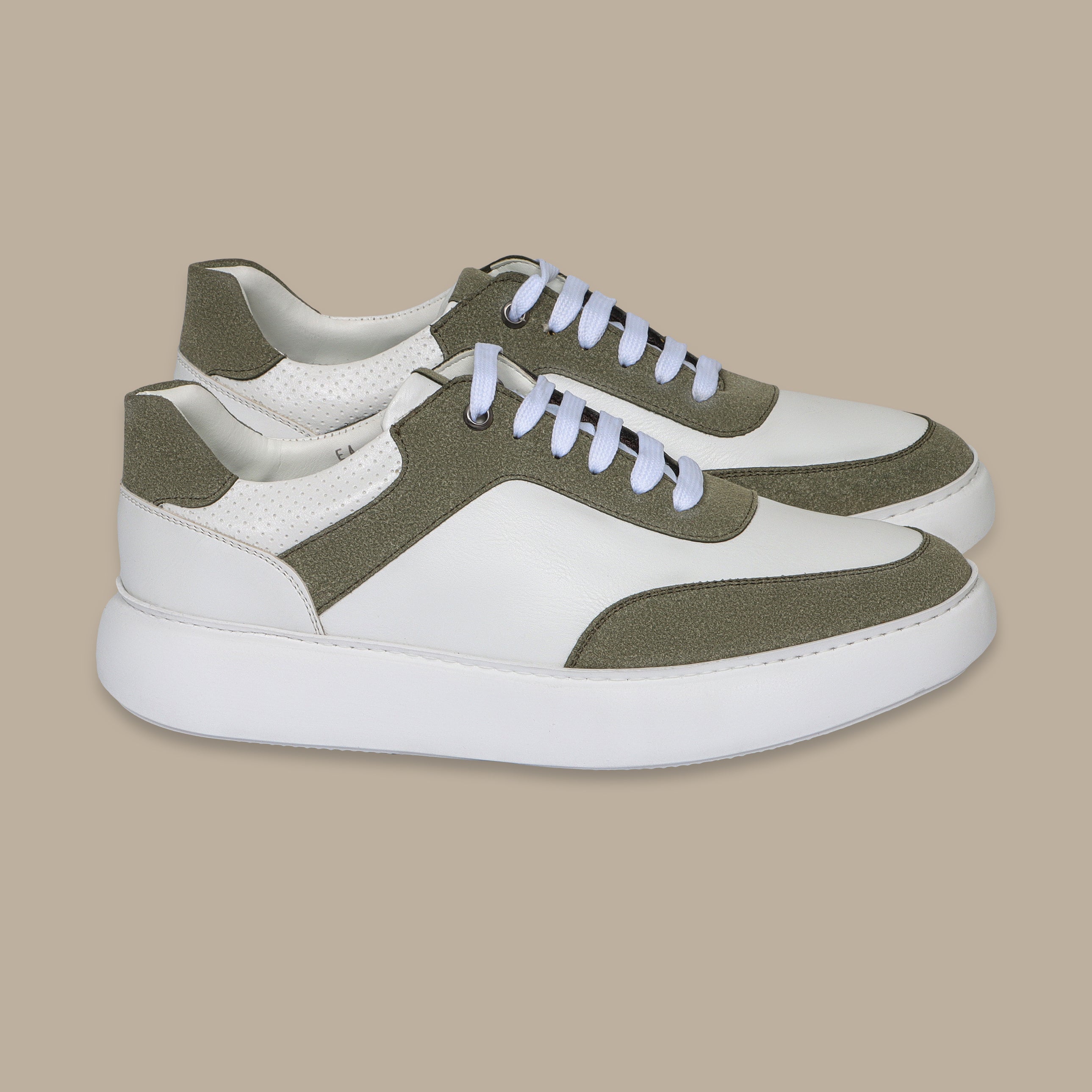 Retro Leather Trainers in Khaki & White