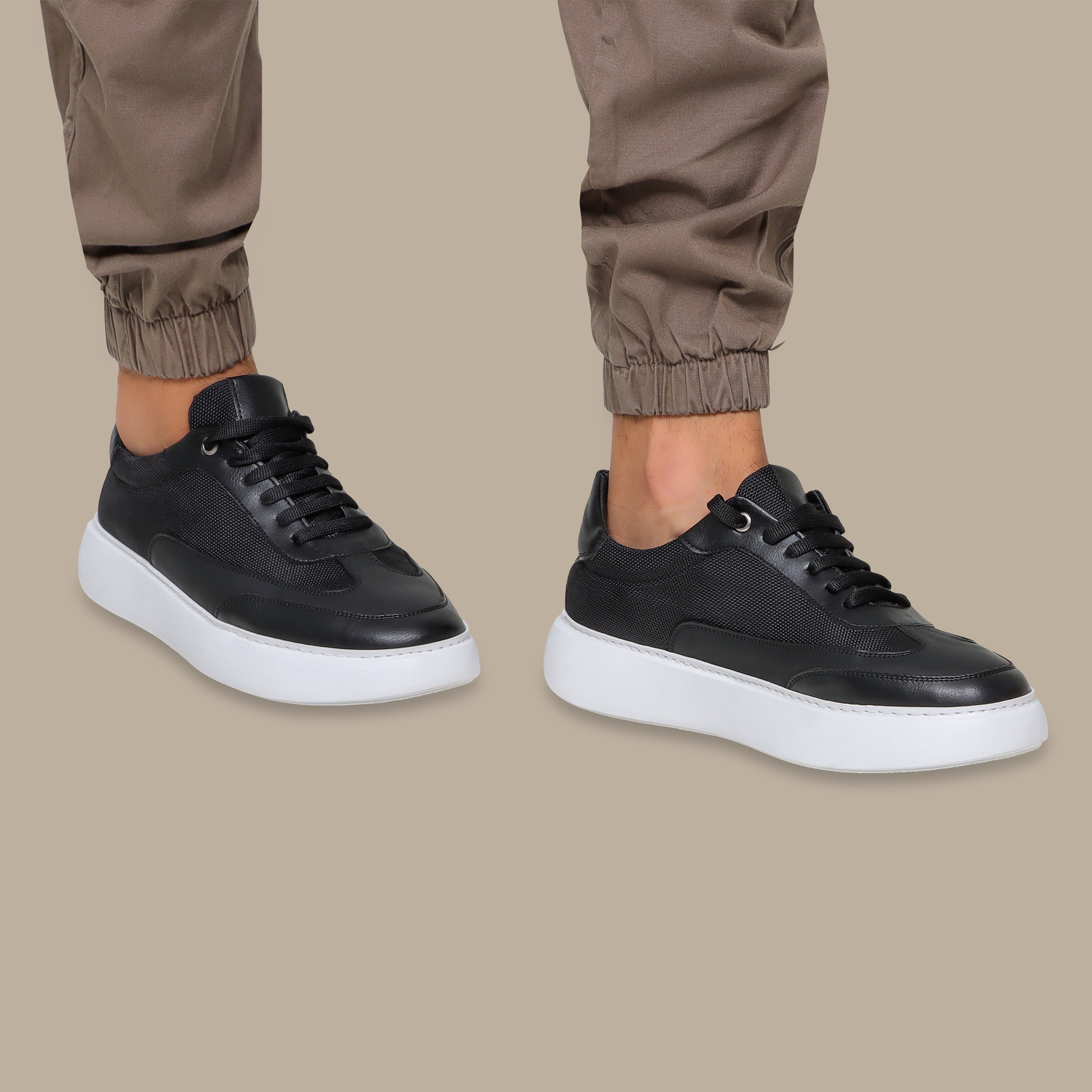 Chunky Black Leather Sneakers with White Sole