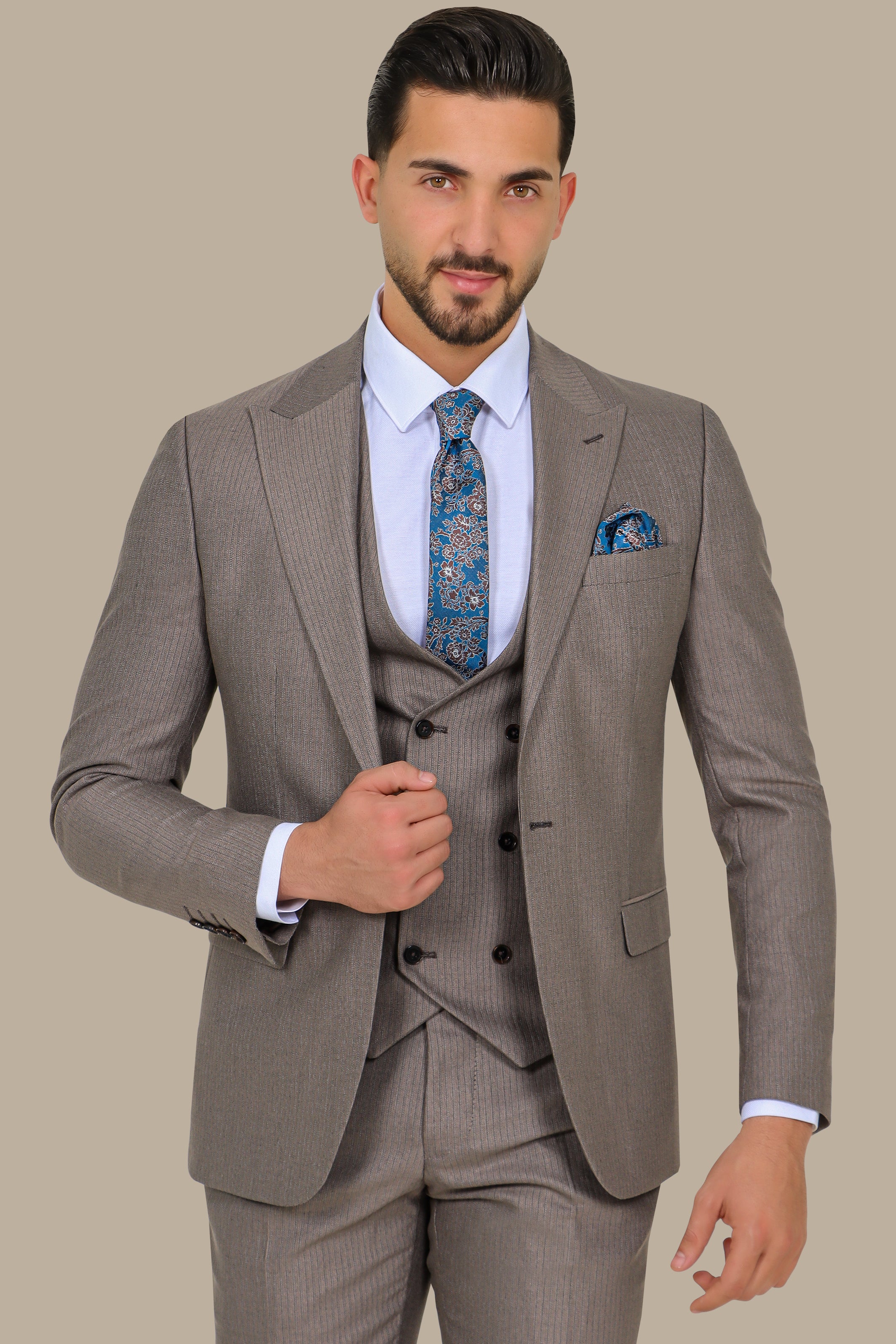 Light Brown Herringbone Slim Fit 3-Piece Suit