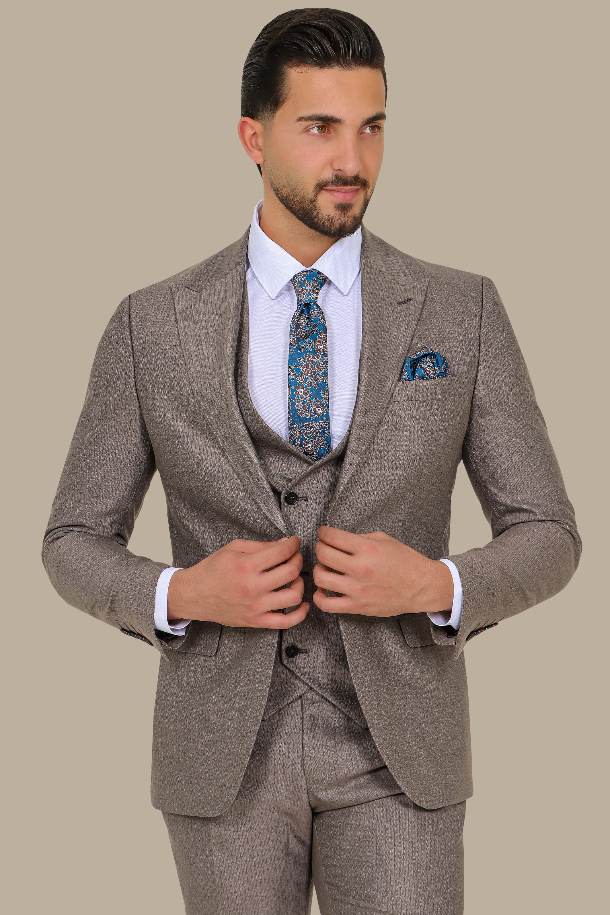 Light Brown Herringbone Slim Fit 3-Piece Suit