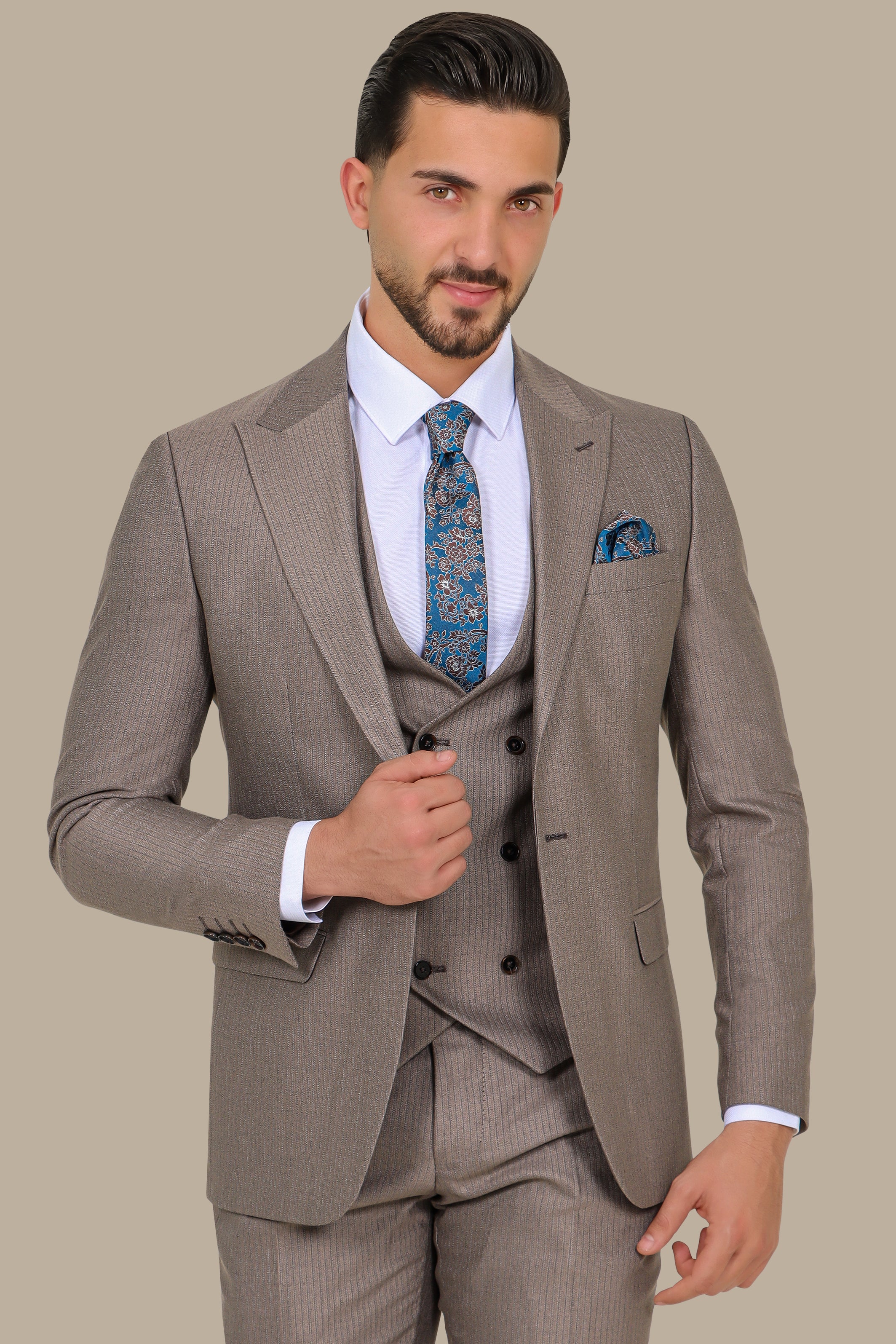 Light Brown Herringbone Slim Fit 3-Piece Suit