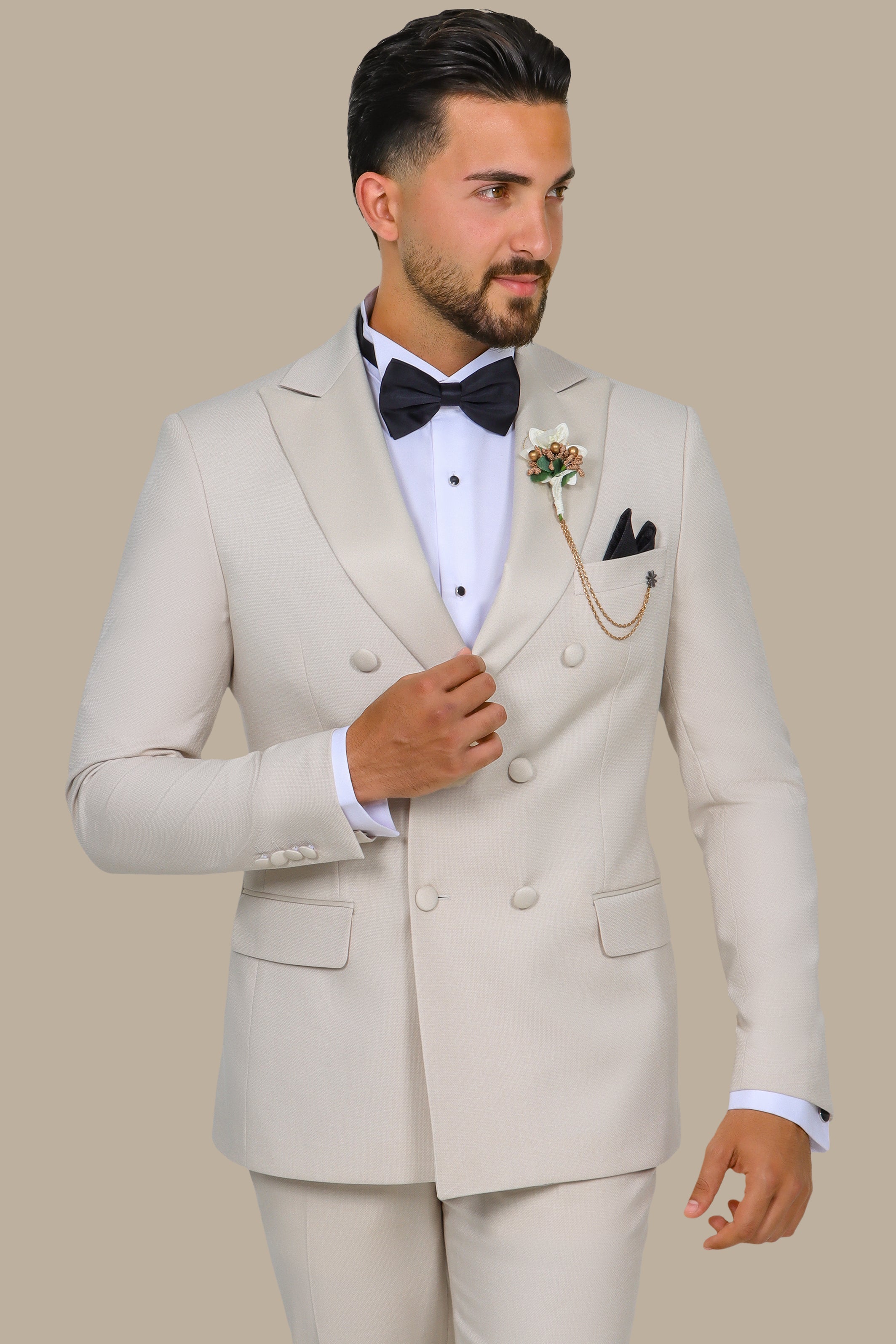 Beige Double-Breasted Tuxedo Piquet – 2-Piece Set