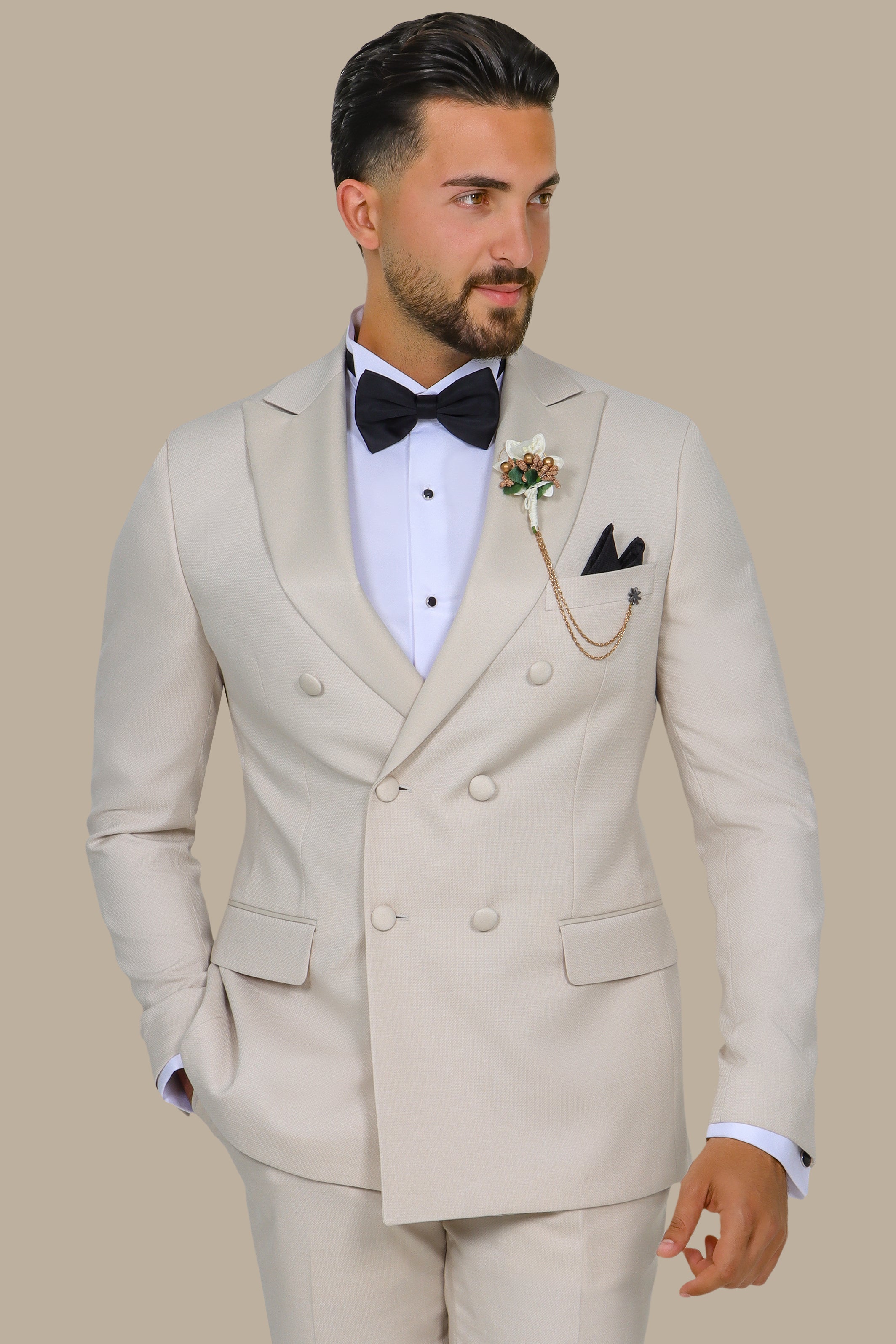 Beige Double-Breasted Tuxedo Piquet – 2-Piece Set