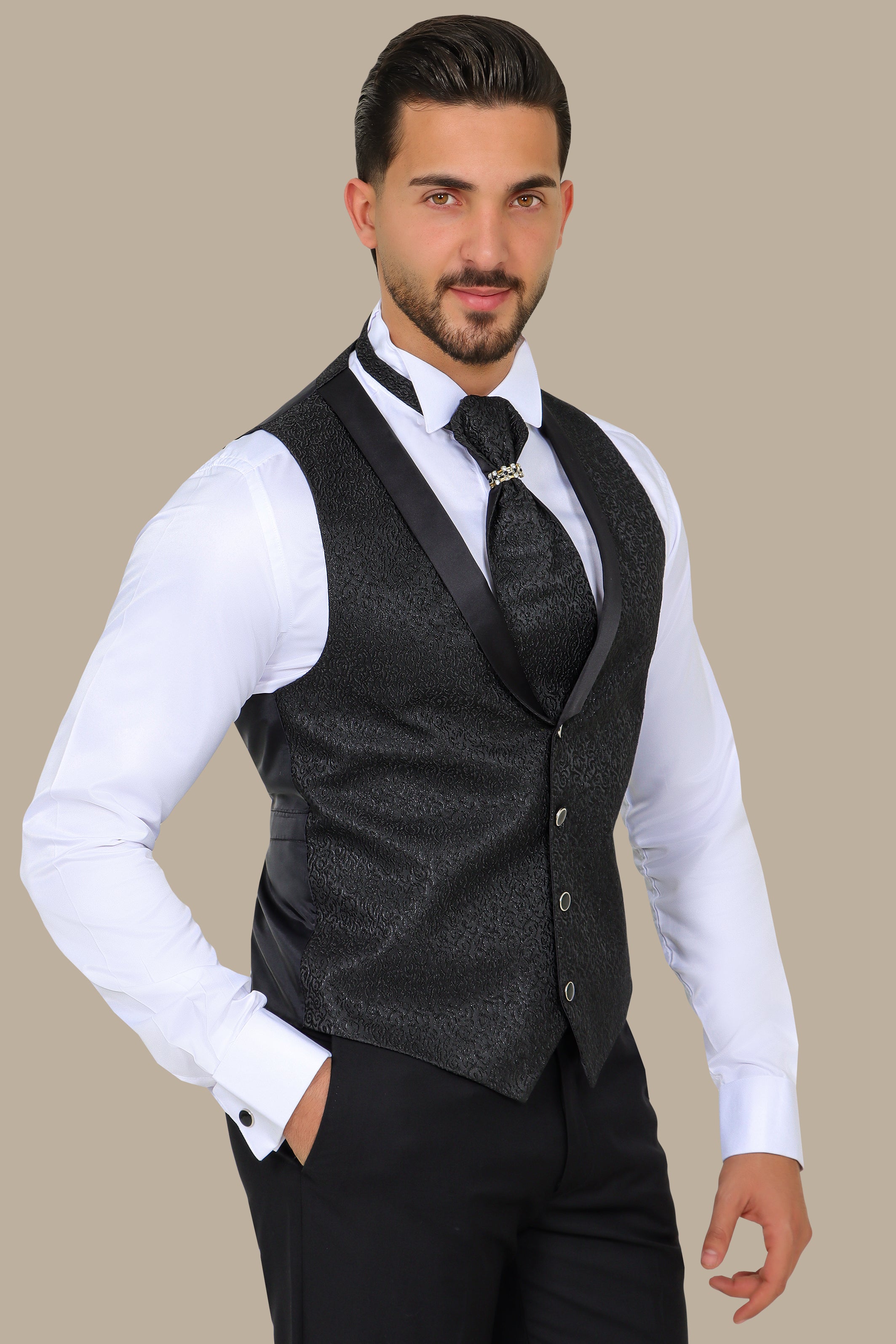 Black Jacquard Vest Set with Tie