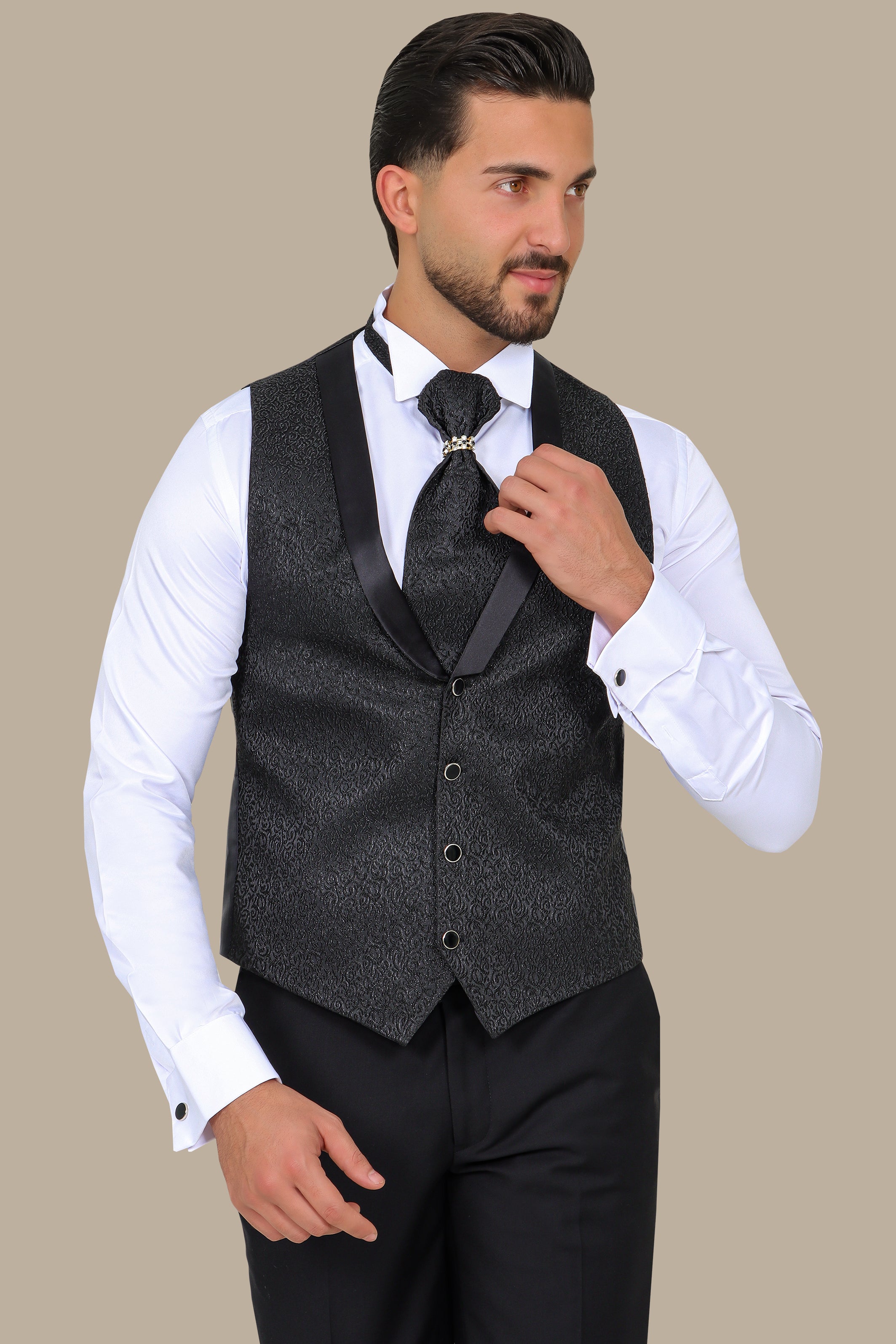 Black Jacquard Vest Set with Tie