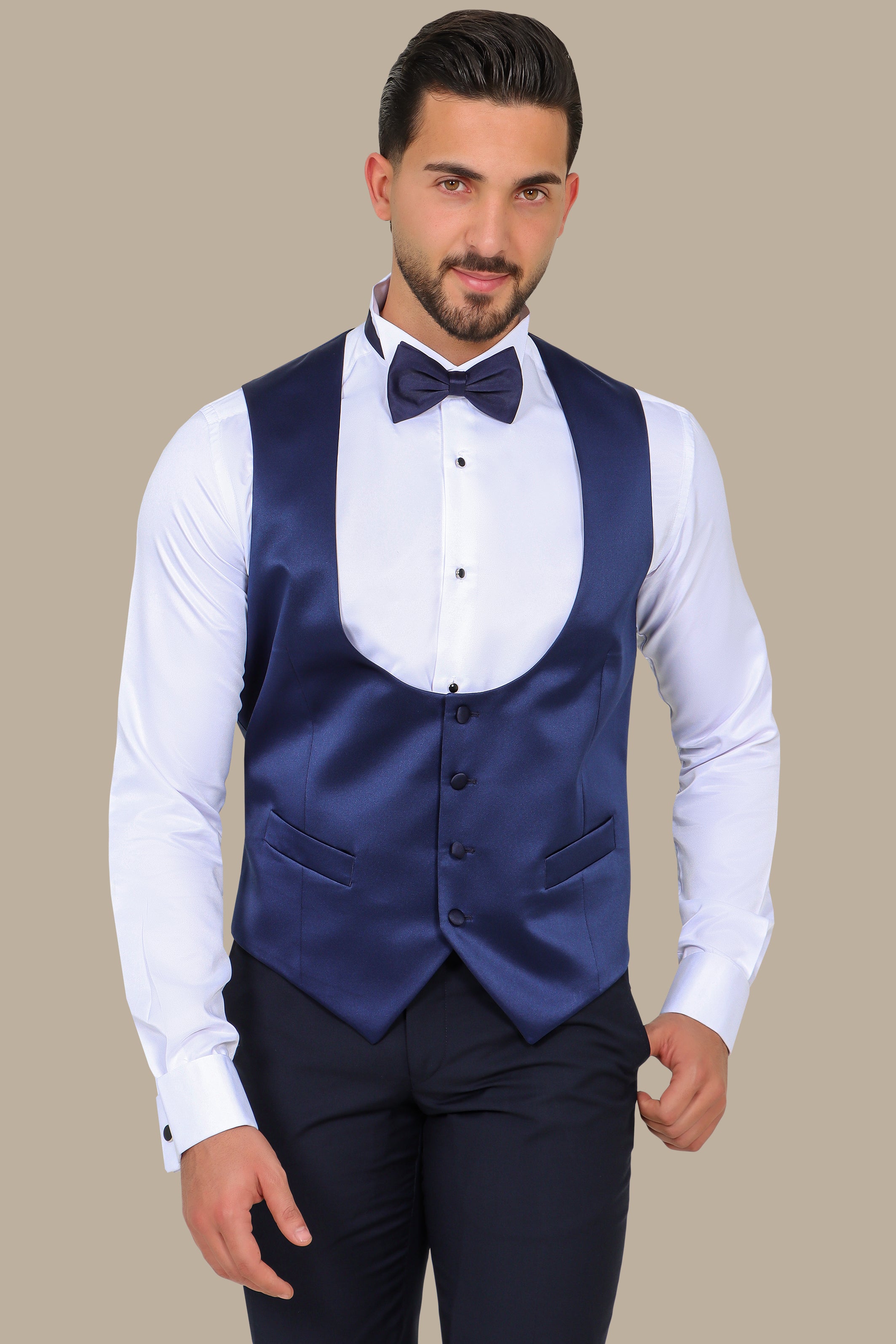 Navy Blue Satin Round Neck Vest