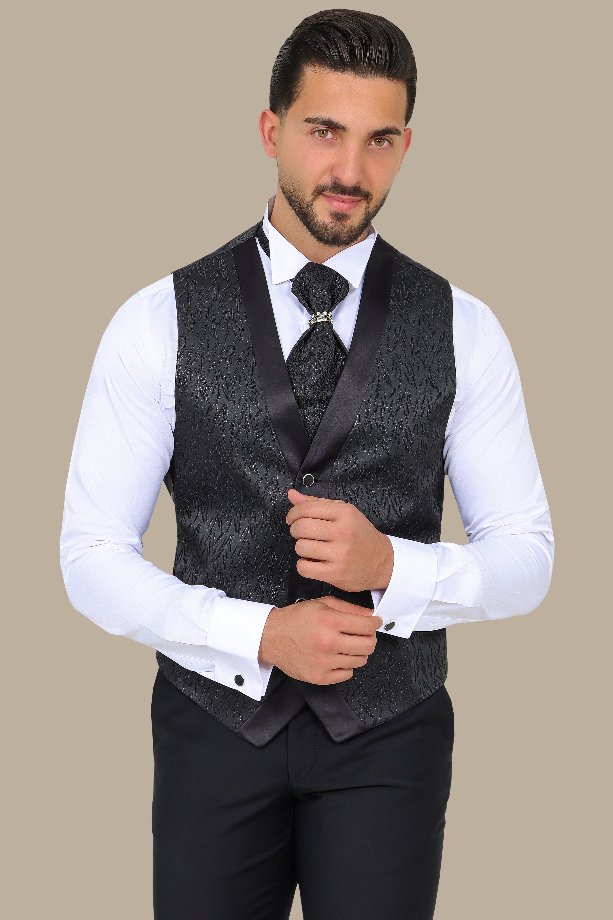 Black Leaf-Print Vest Set with Tie