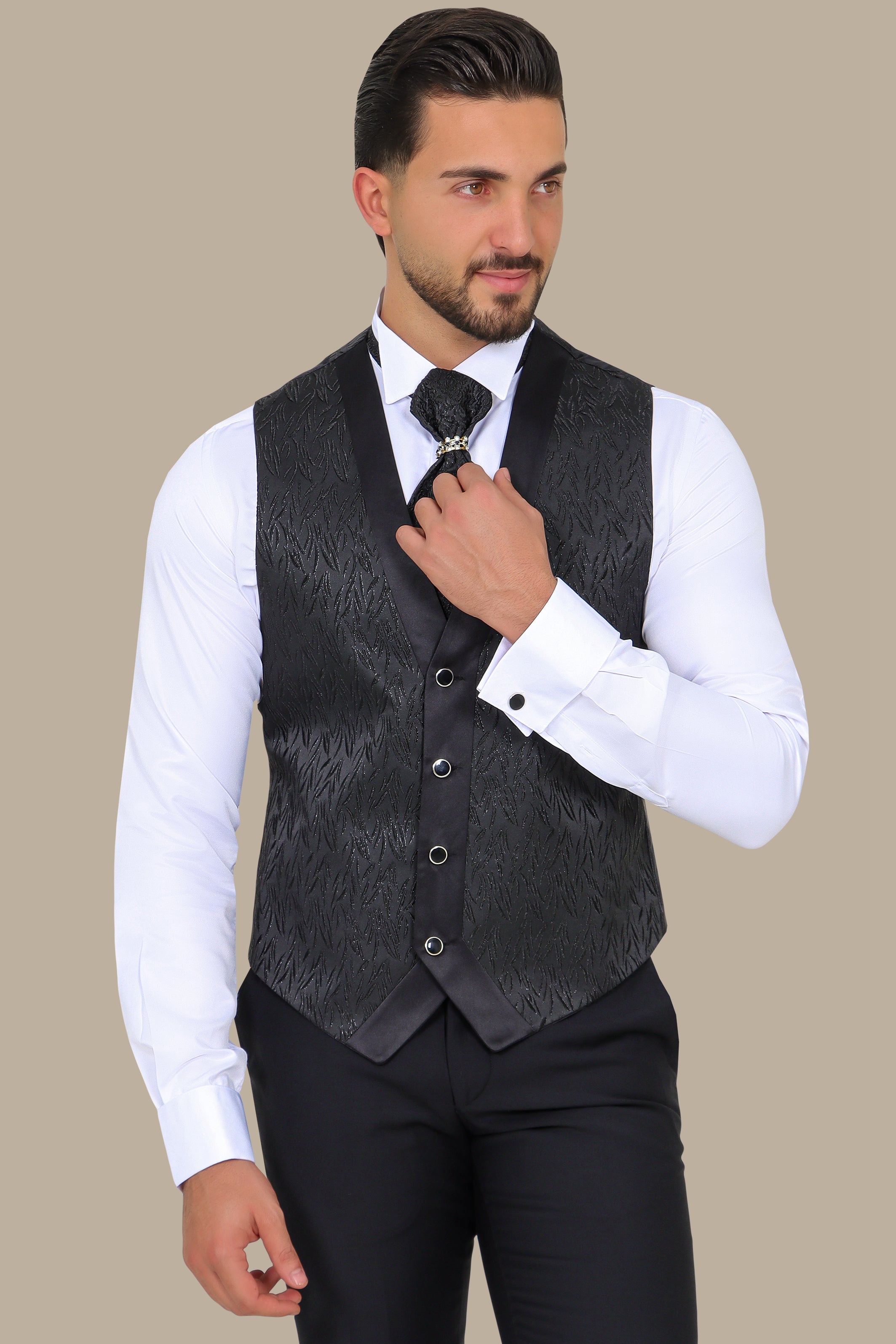 Black Leaf-Print Vest Set with Tie