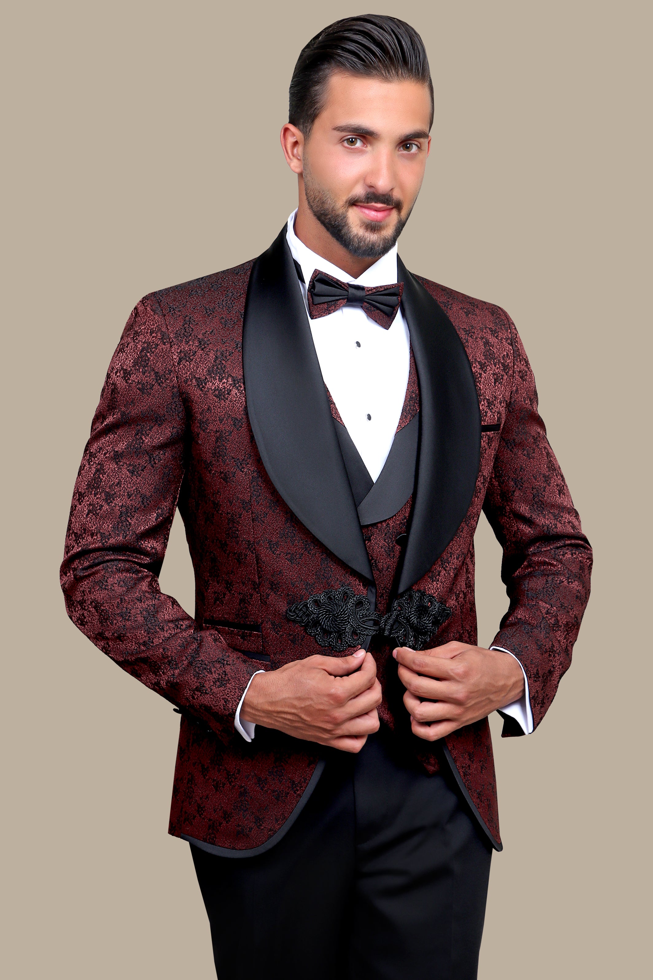Burgundy Jacquard Tuxedo with Croche Colchale – 4 Piece