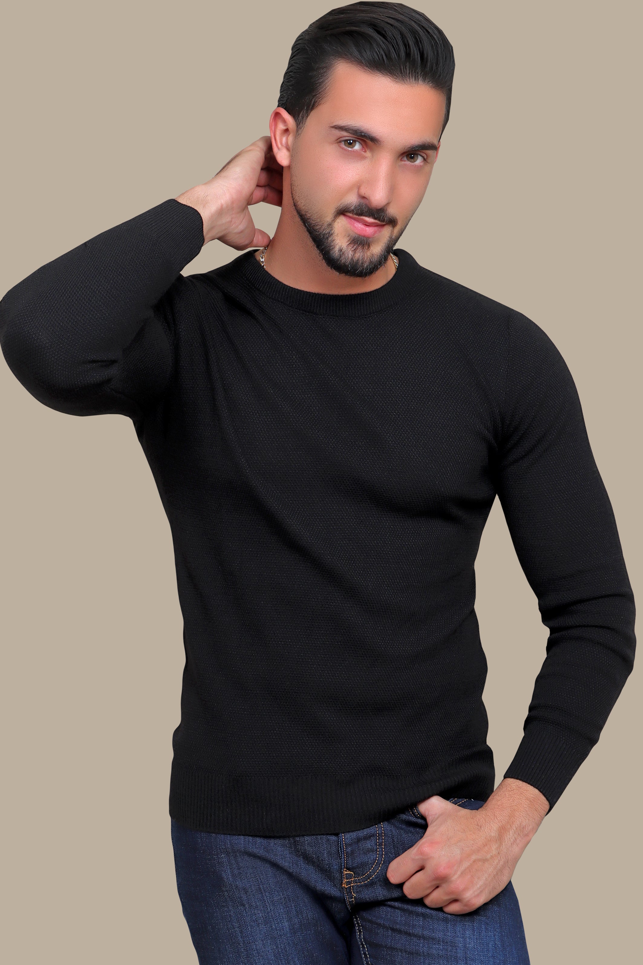 Black Round Neck Structured Sweater