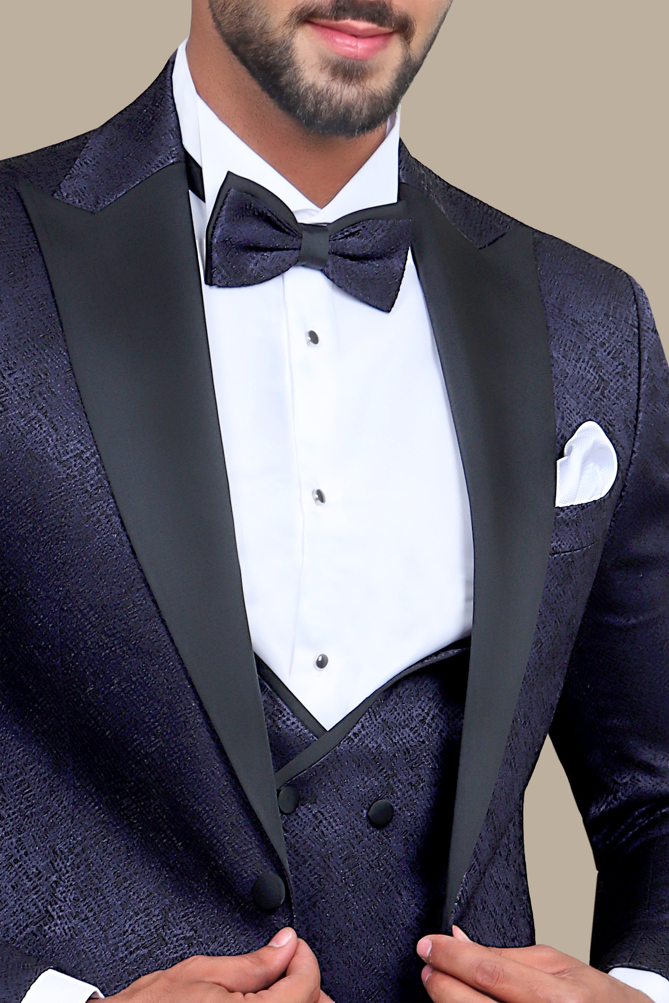 Navy Elegance: Tuxedo Peak Pattern in 4-Piece Shiny Set