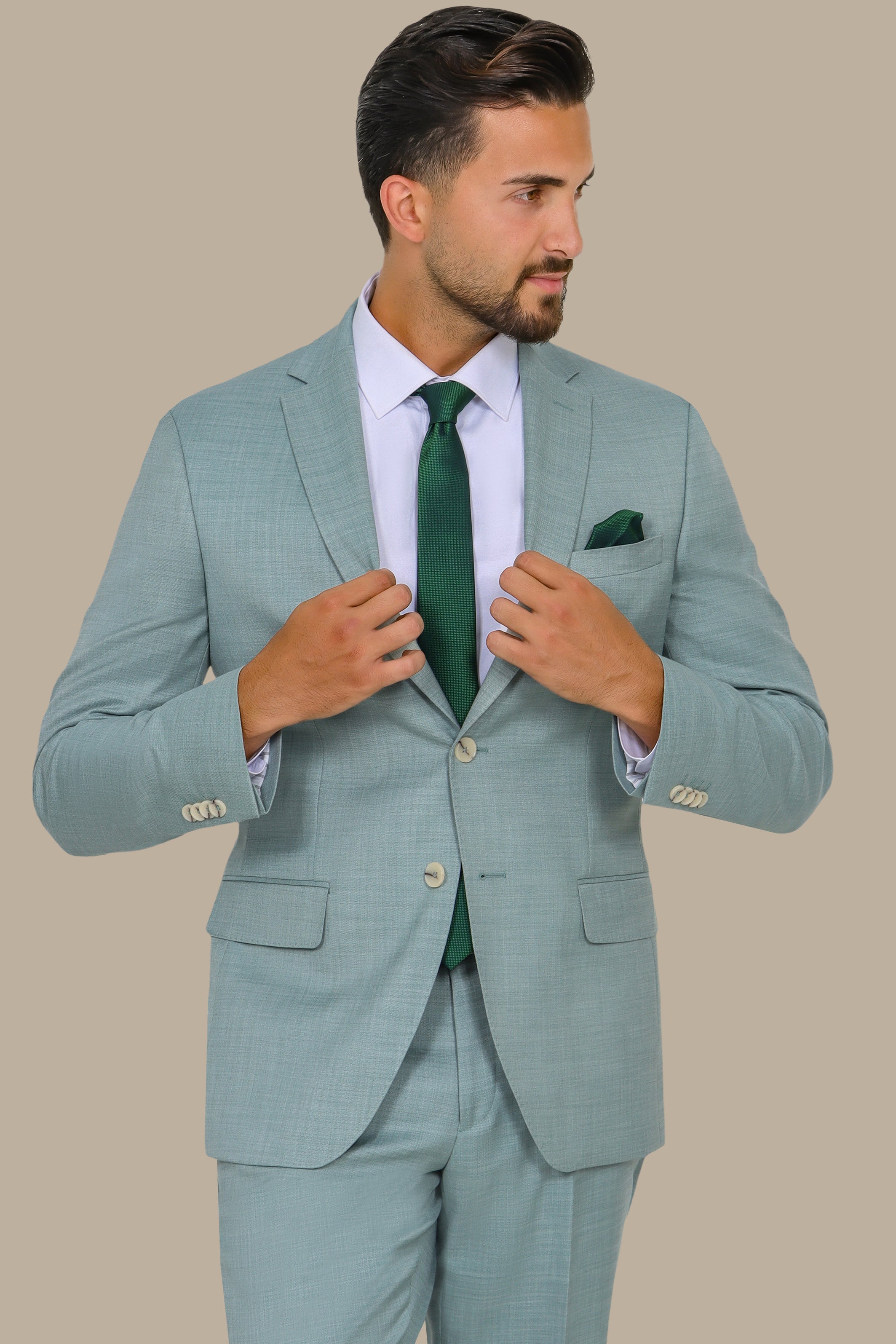 Olive Fil à Fil Suit with Notch Lapel — Refined Luxury