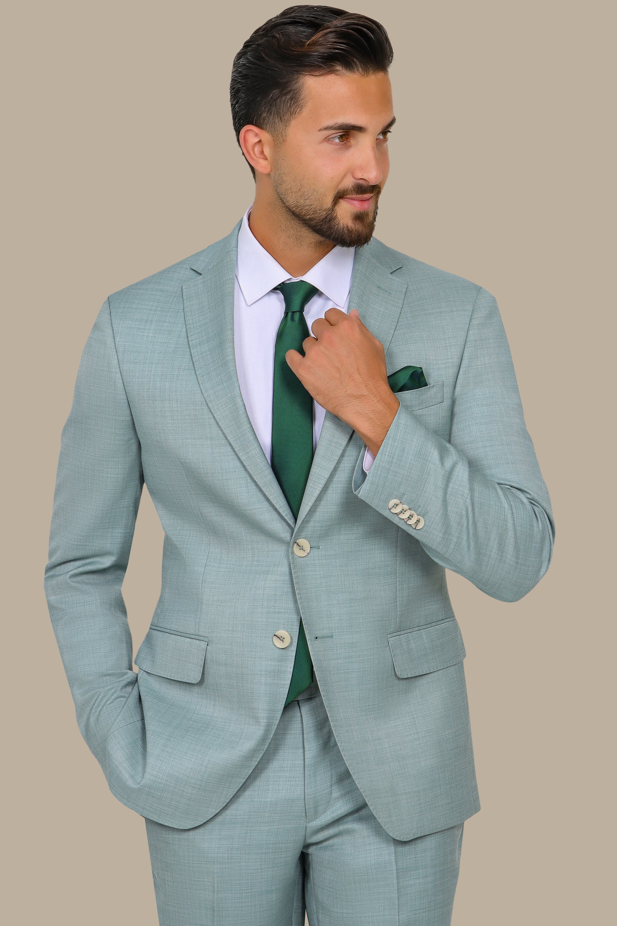 Olive Fil à Fil Suit with Notch Lapel — Refined Luxury