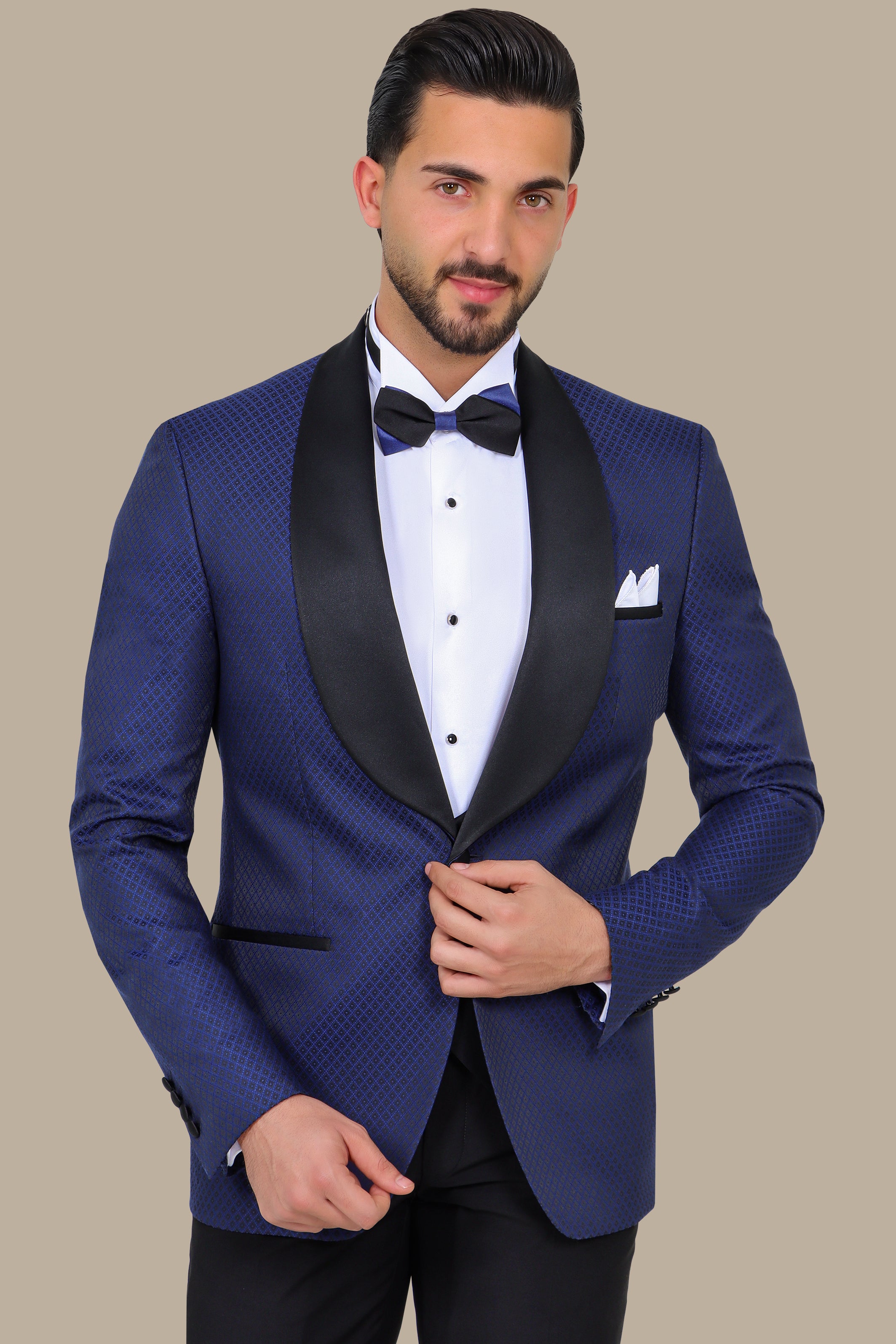 Indigo Elegance: Tuxedo FV Pattern 3-Piece Set