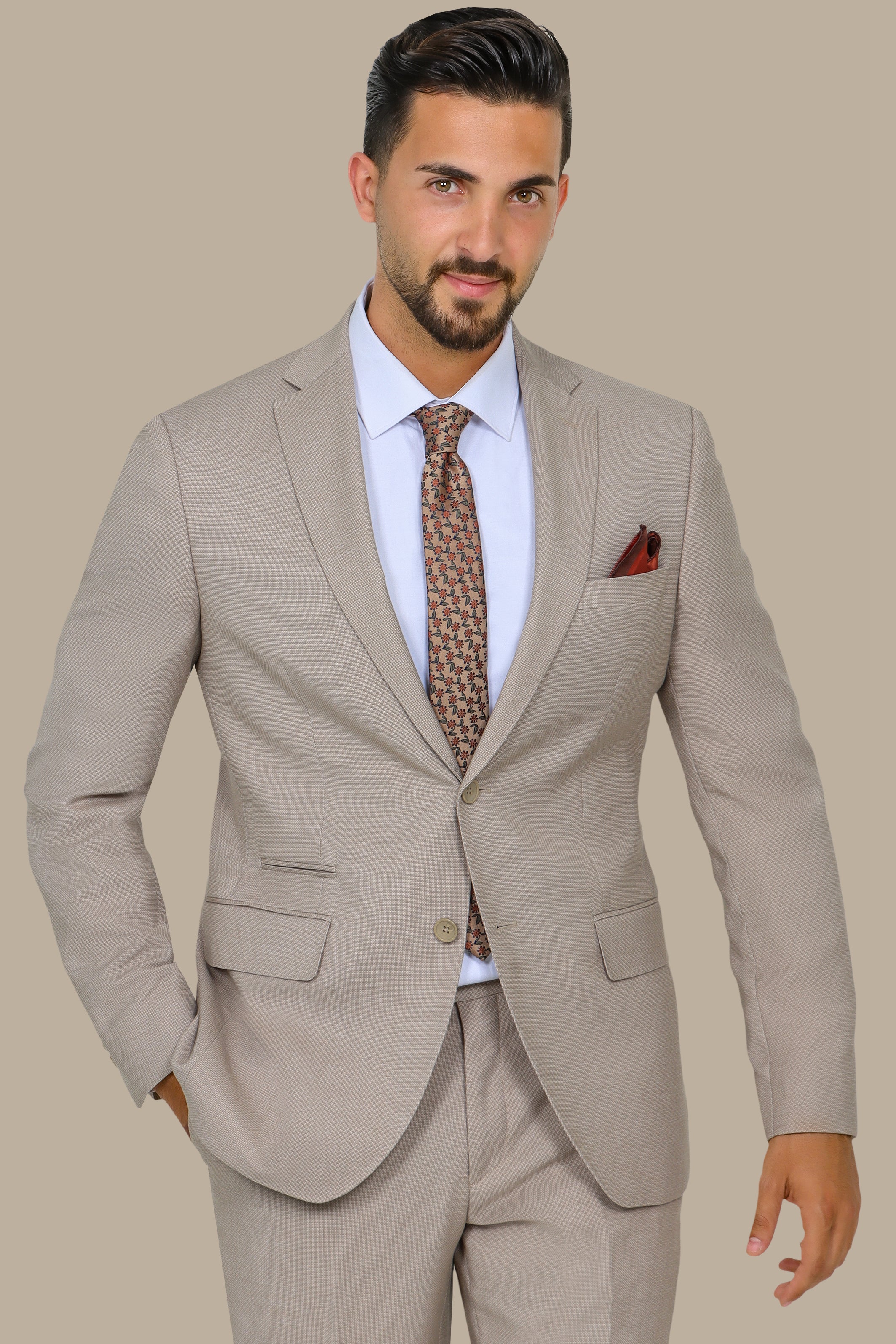 Beige 2 pcs Notch Structure Suit