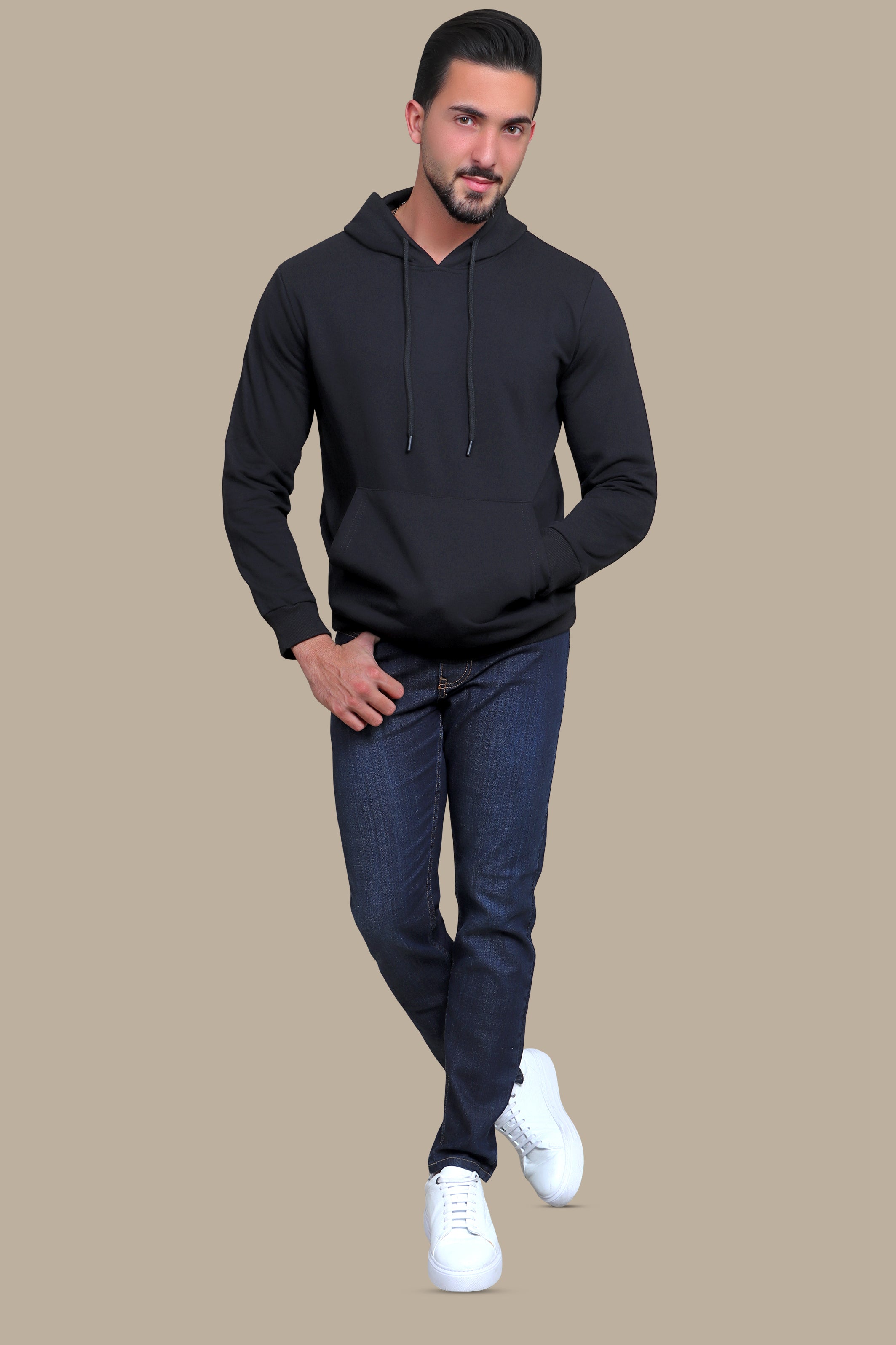 Onyx Comfort: Black Hooded Sweatshirt with Pockets