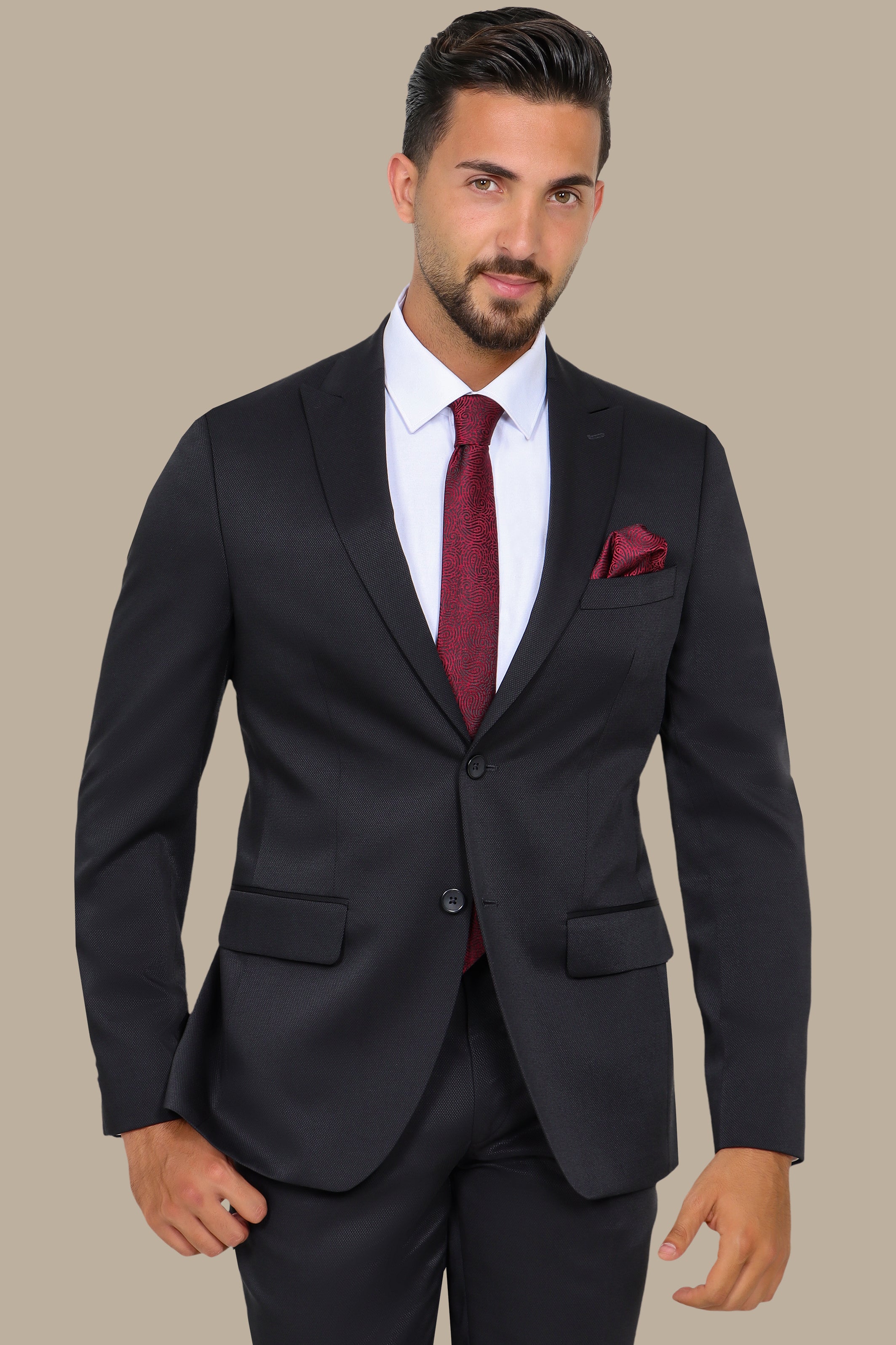 Black Piqué Suit with Peak Lapel — Timeless Power