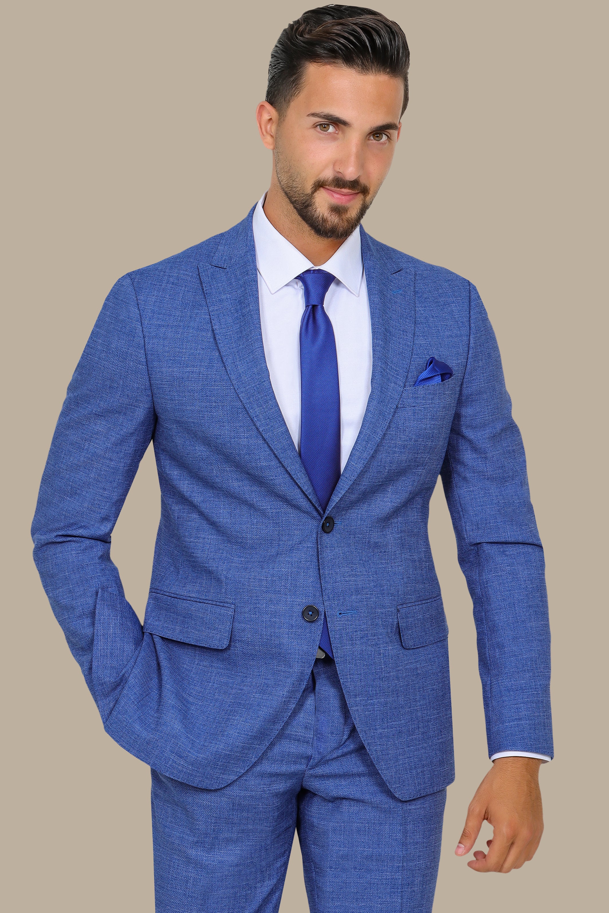 Dark Blue Fil à Fil Suit with Peak Lapel — Bold Sophistication