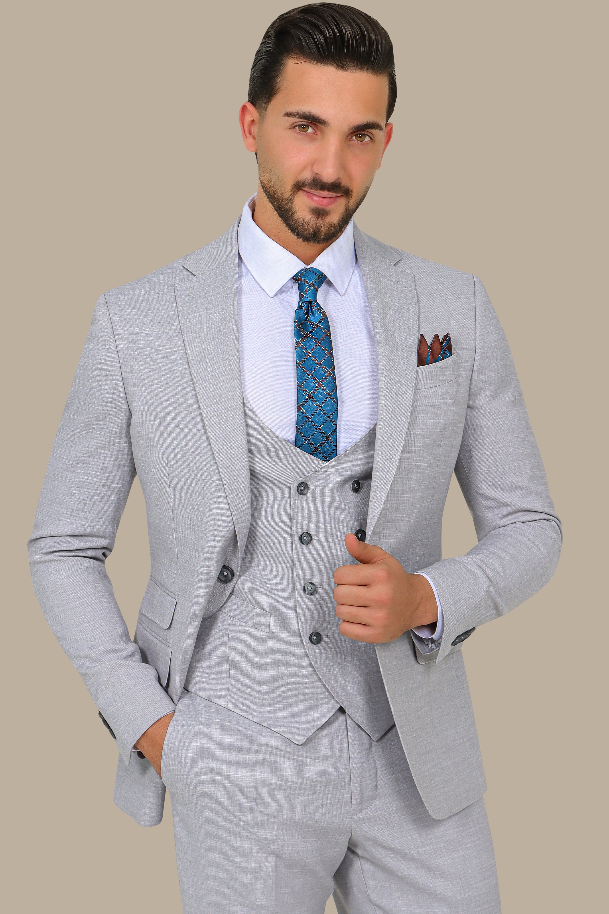 Light Grey Suit Fil a Fil Lycra Notch 3-Piece