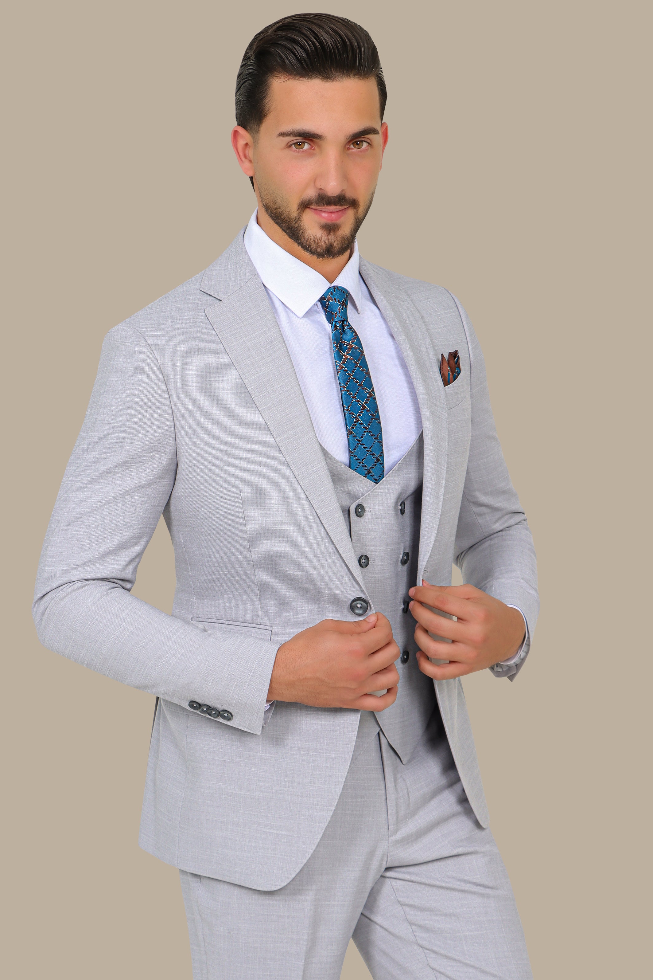 Light Grey Suit Fil a Fil Lycra Notch 3-Piece