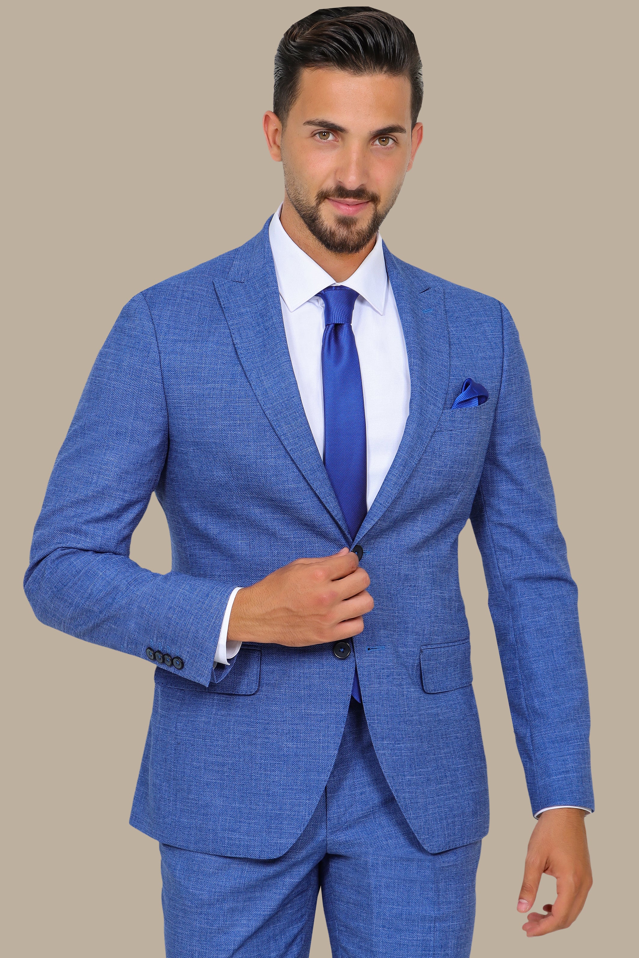 Dark Blue Fil à Fil Suit with Peak Lapel — Bold Sophistication