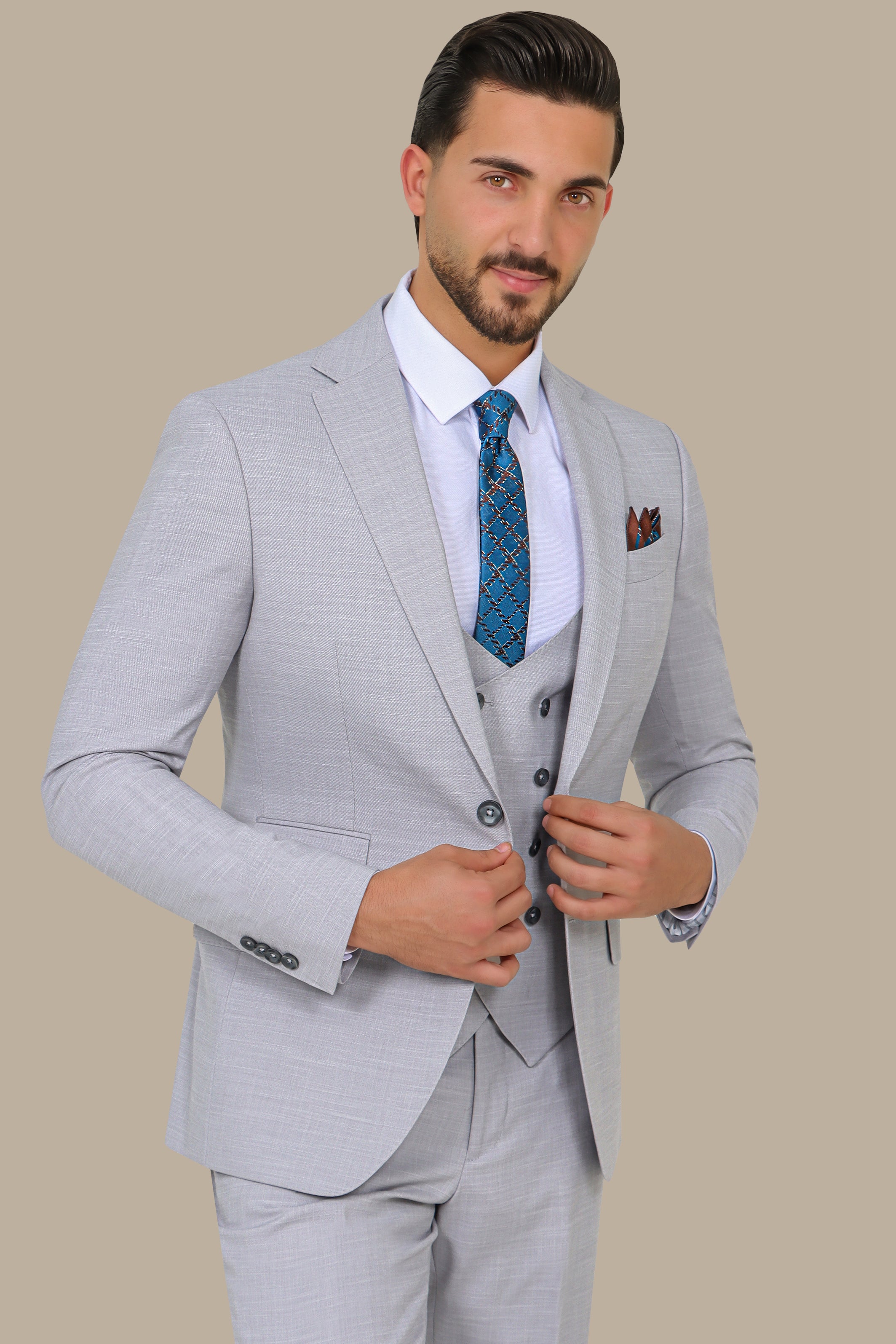 Light Grey Suit Fil a Fil Lycra Notch 3-Piece