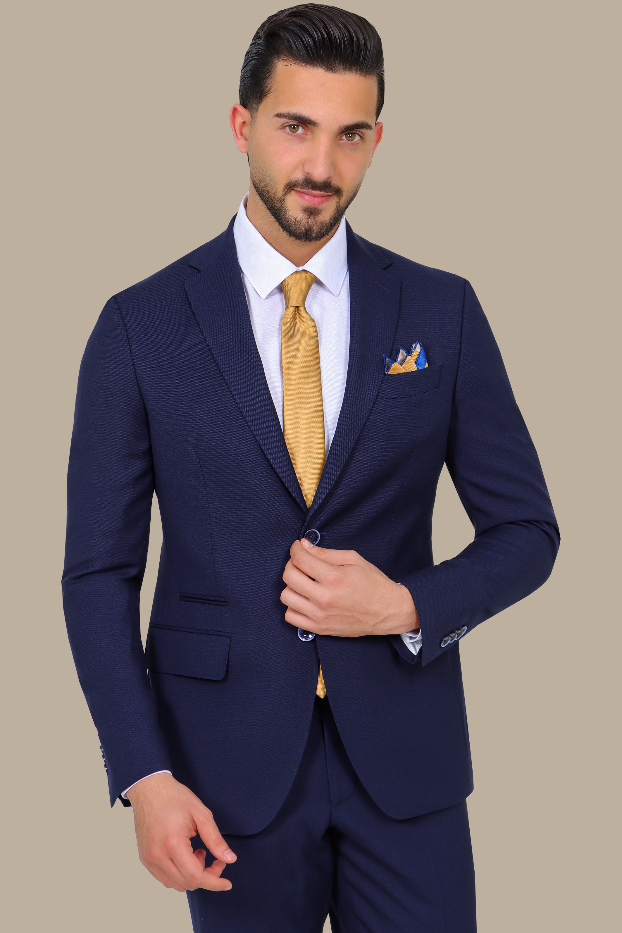 Navy Piqué Notch Lapel Suit - Classic Elegance