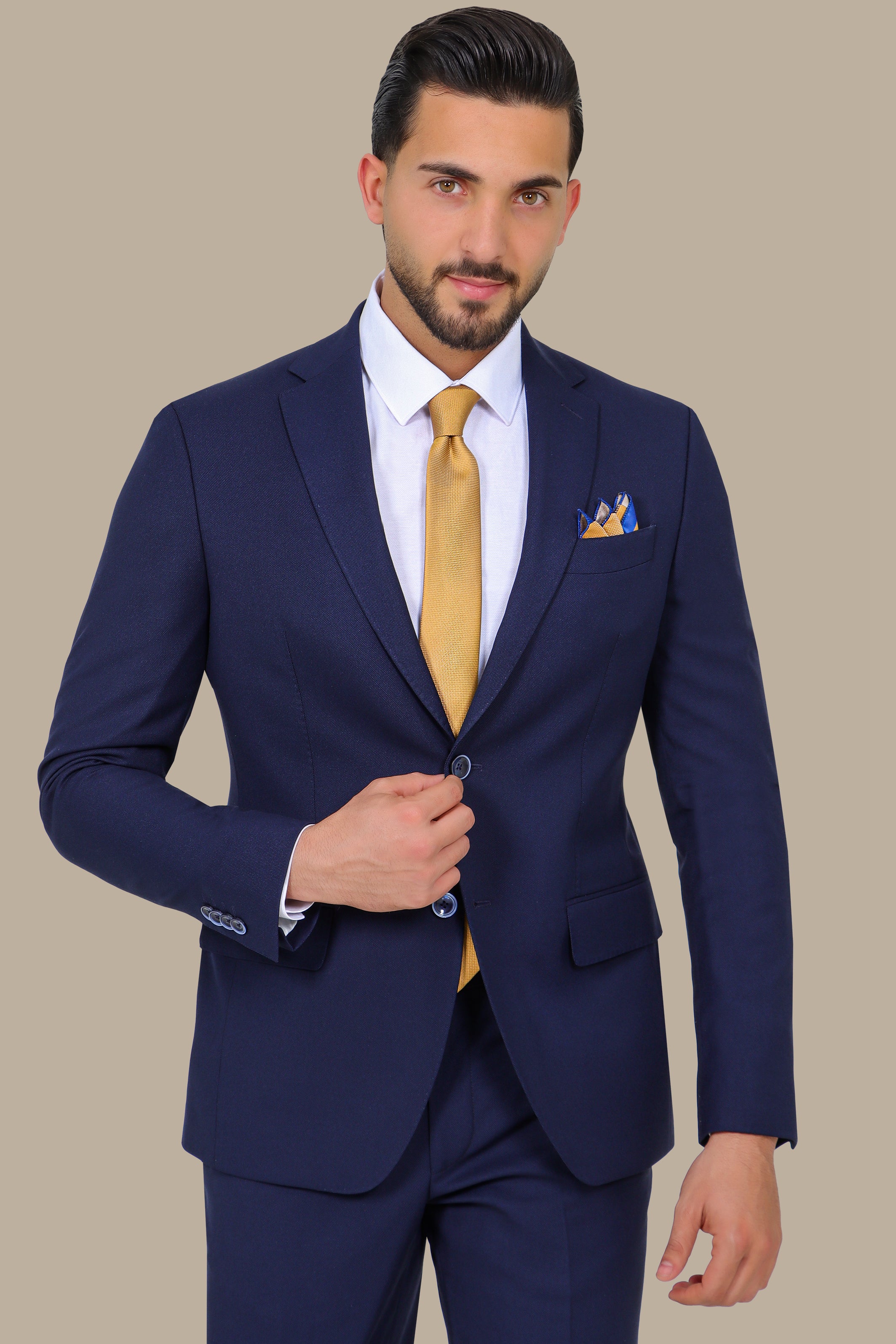 Navy Piqué Notch Lapel Suit - Classic Elegance