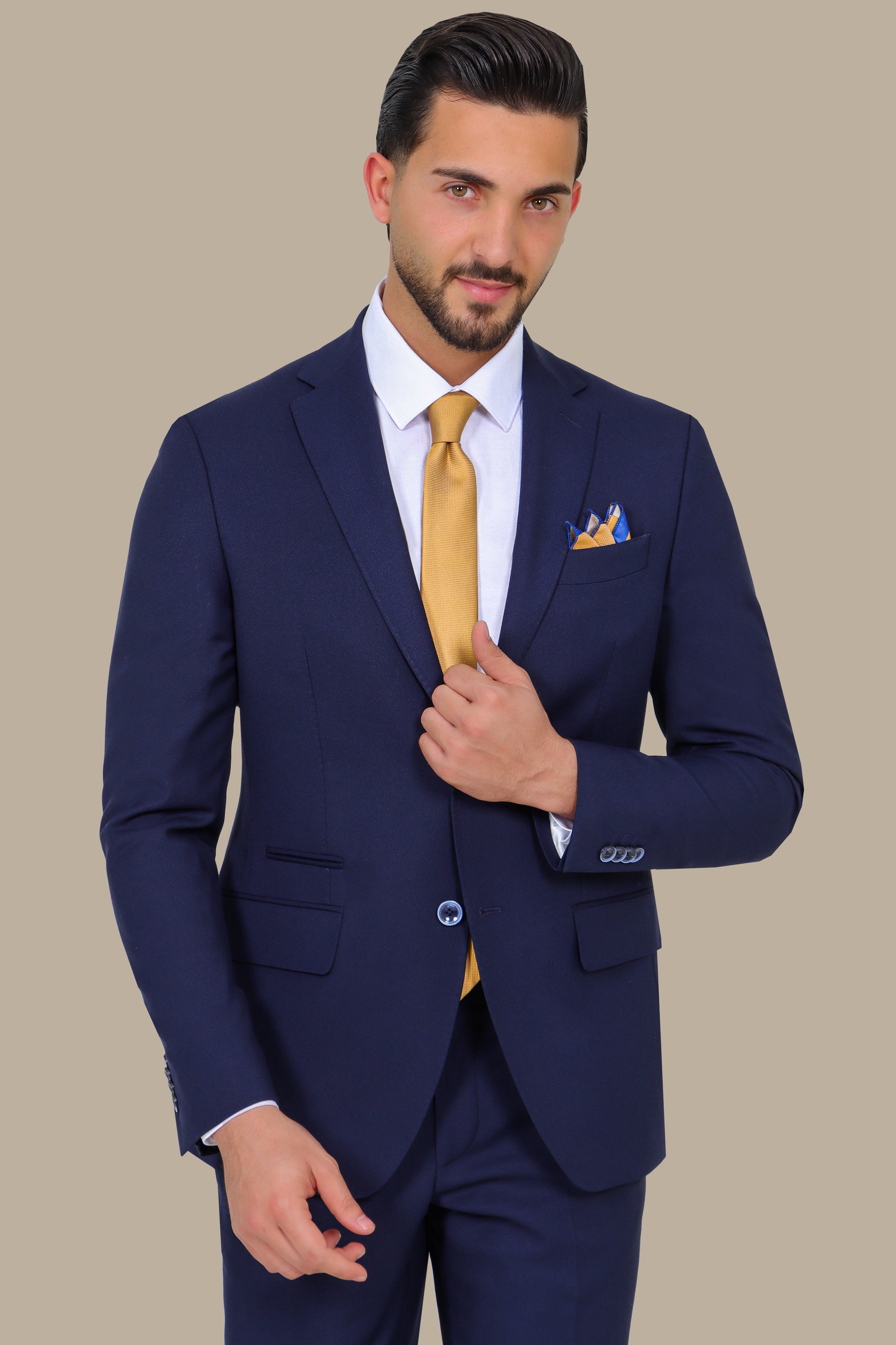 Navy Piqué Notch Lapel Suit - Classic Elegance